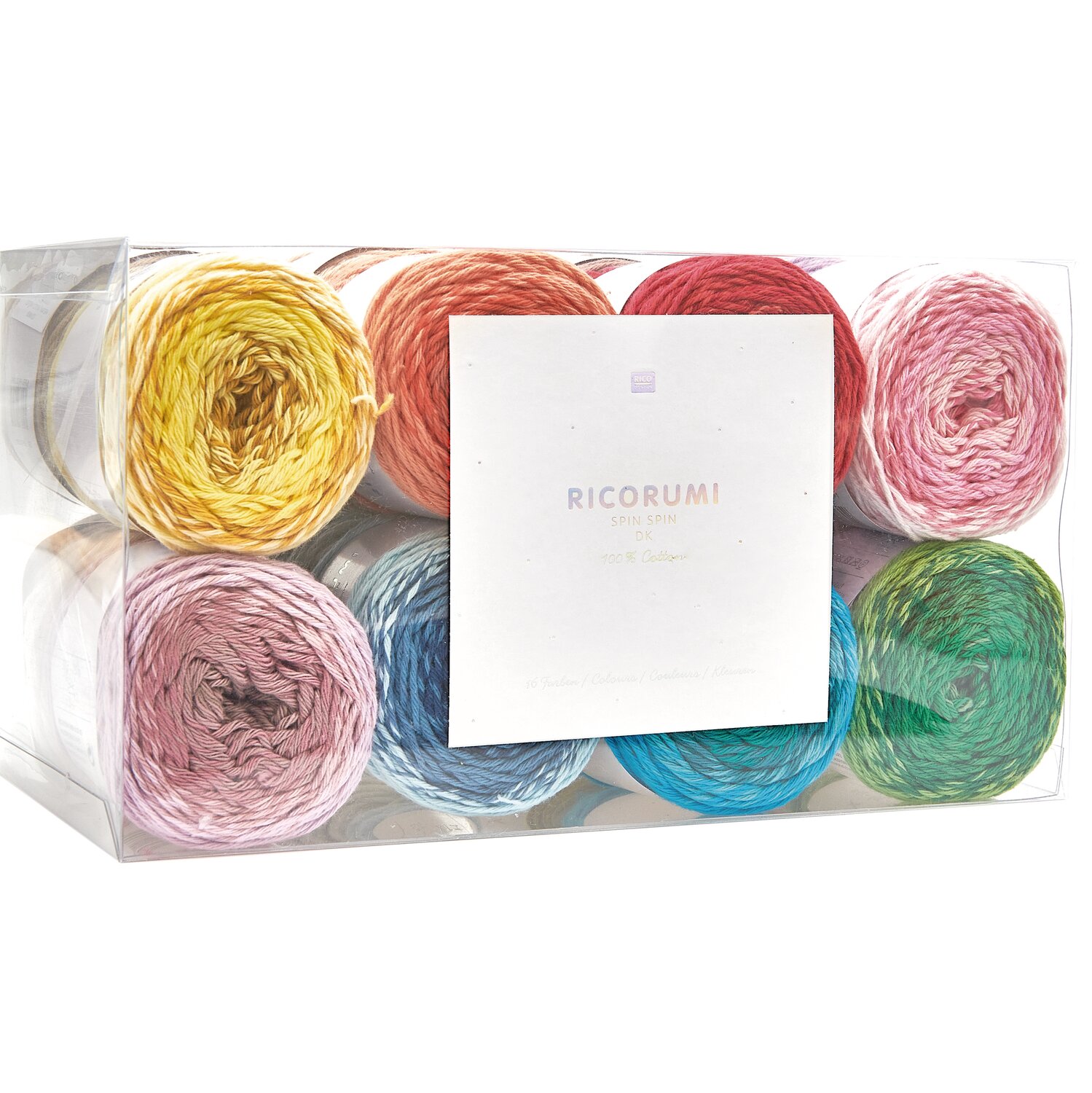 Ricorumi Spin Spin dk Set, 16x50g Häkelgarn von Rico Design in mehrfarbigen Knäueln, ordentlich sortiert in transparenter Kunststoffbox für kreative Projekte