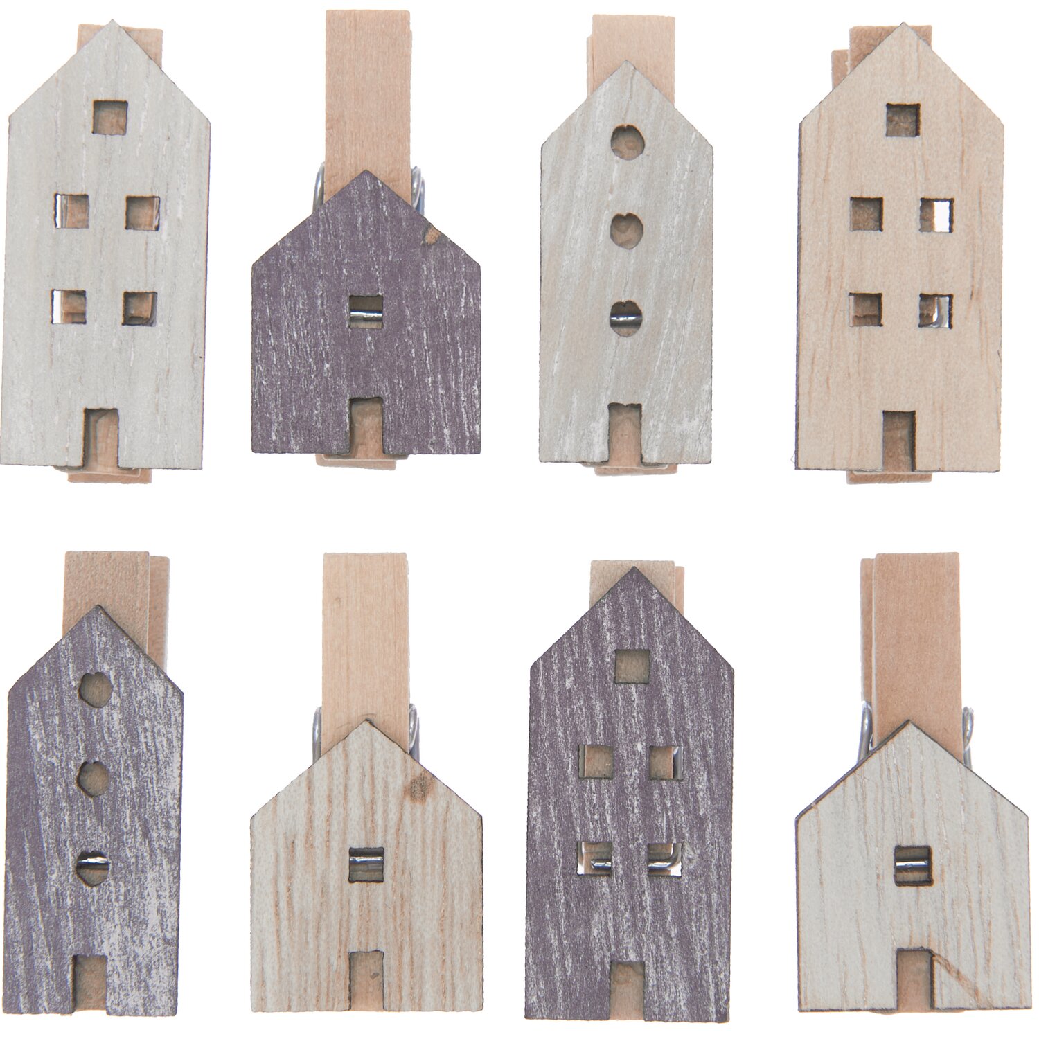 Dekoklammern Hafenstadt Mix natur 7x35mm, 8 Stück. Holzklammern in Hausform, ideal für kreative Dekorationen.