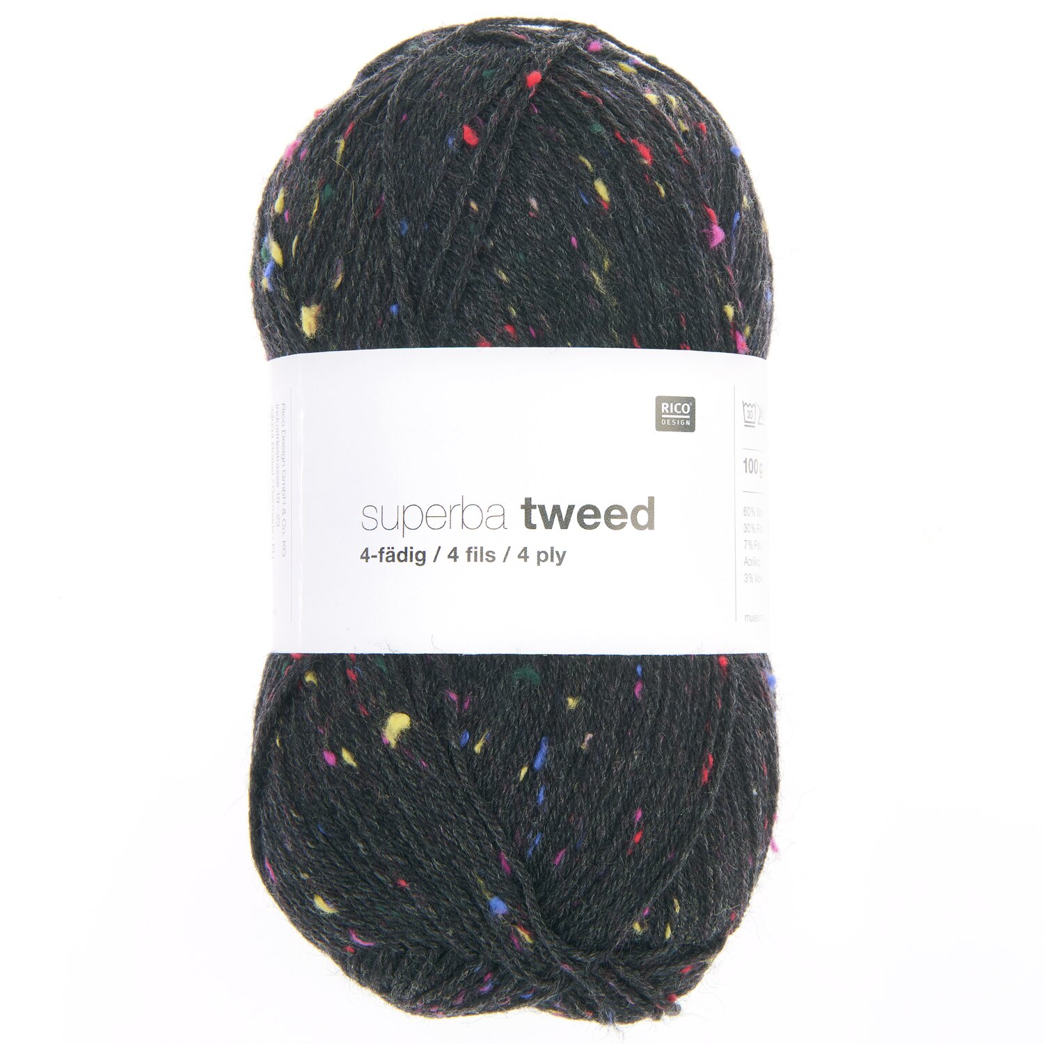 Superba Tweed 4-fädig Garn in Schwarz mit bunten Sprenkeln, 100g 375m, von Rico Design.