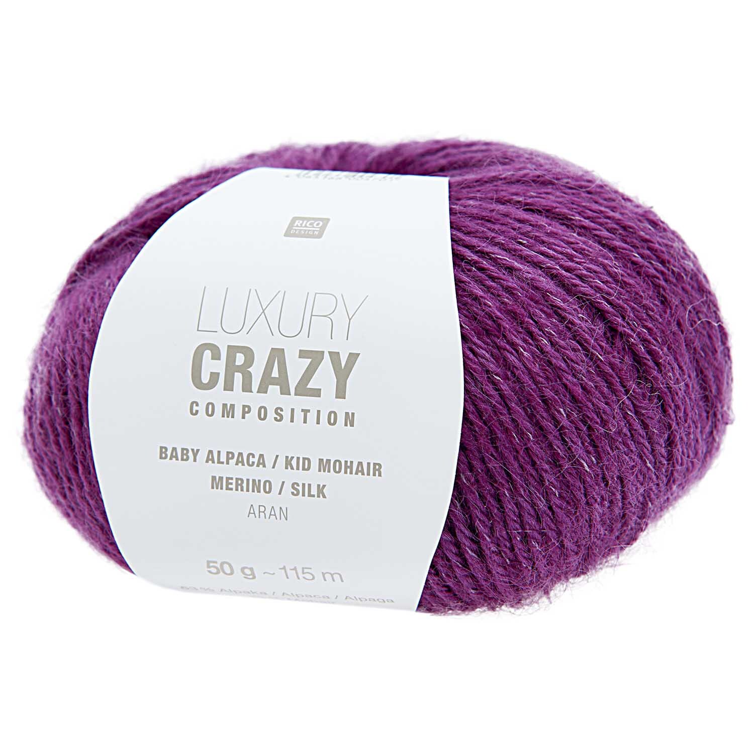 Luxury Crazy Composition aran: Weiches lila Garnknäuel aus Alpaka, Mohair, Merino und Seide, 50g 115m. Ideal für hochwertige Strickprojekte.