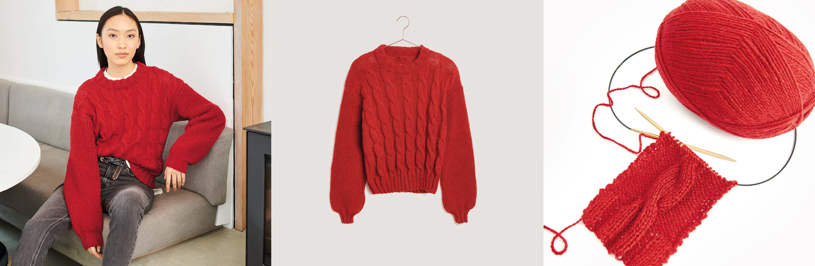 Gestrickter Pullover in Rot Modell 23 aus Lovewool No. 19 getragen am Model und auf einem Kleiderbügel. Daneben Wollknäuel und Strickstück in Rot an einer Rundstricknadel