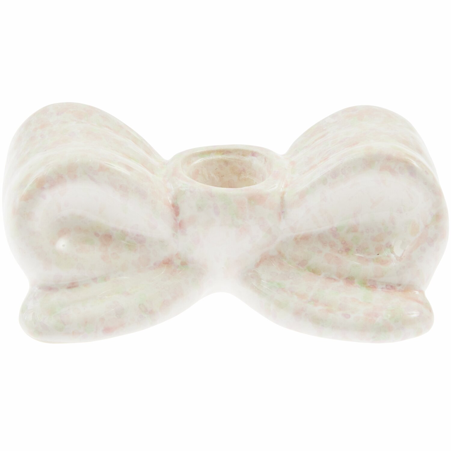 Kerzenhalter Schleife Konfetti: Weißer Kerzenhalter in Schleifenform mit buntem Konfetti-Muster, 5x12,5x6,5cm.