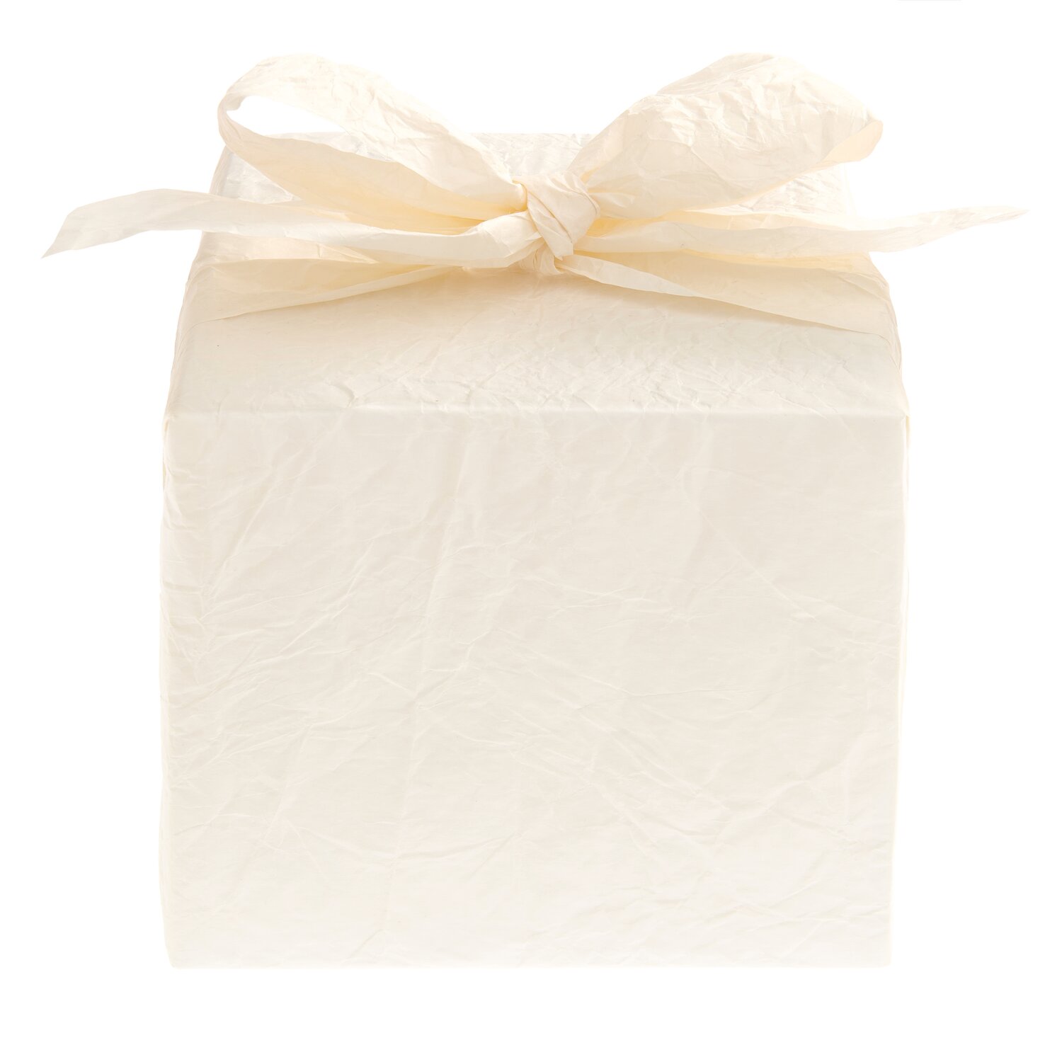 Knitter Geschenkpapier zeigt einen dekorativ verpackten quadratischen Geschenkboxwürfel aus zartem, strukturiertem Papier mit großer Schleife, Format 0,68x2m