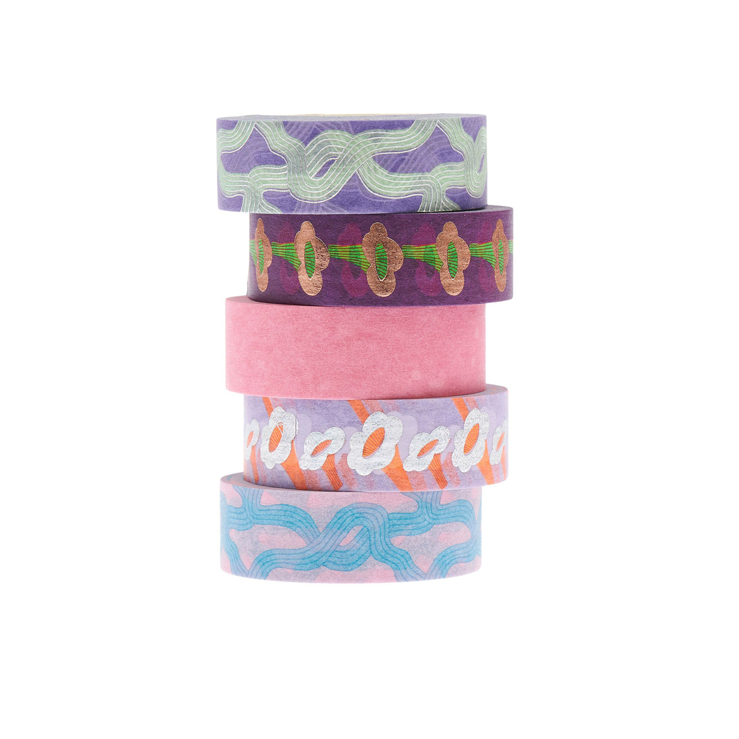 Stapel Washi Tape mit Illustrationen von Pilzen und grafischen Mustern