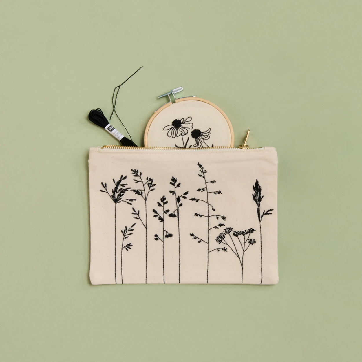 Eine Kosmetiktasche und ein Stickbild sind mit floralen Motiven bestickt und liegen auf grünem Hintergrund.