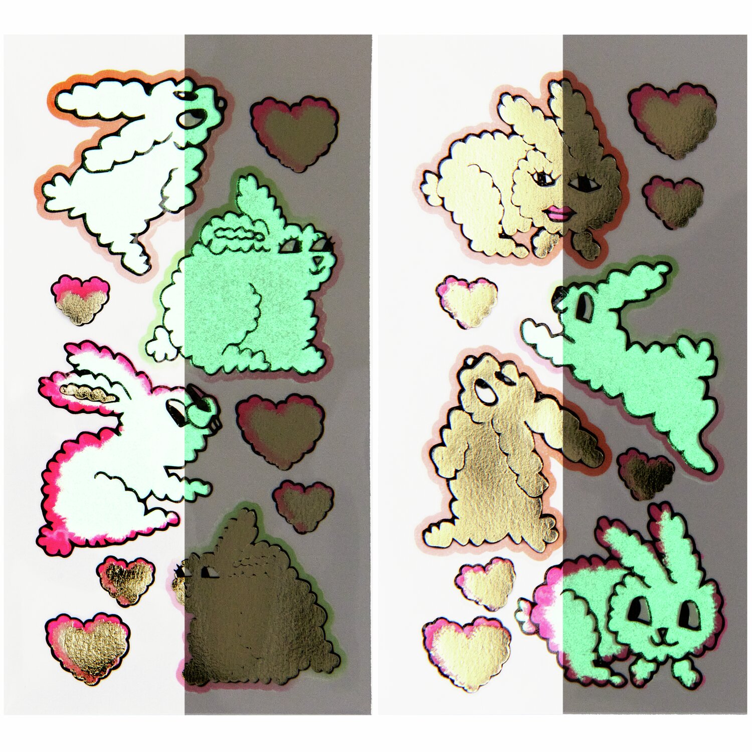 Tattoos Hasen, 20-teilig: Bunte Hasen- und Herz-Tattoos von Rico Design, ideal für kreative Bastelprojekte.