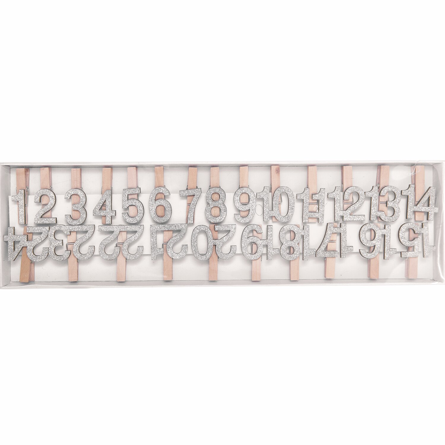 Holzclips Adventskalender Zahlen 1-24 4,5cm in Silber-Glitter von Rico Design, ideal zum Dekorieren und Zählen der Tage bis Weihnachten.