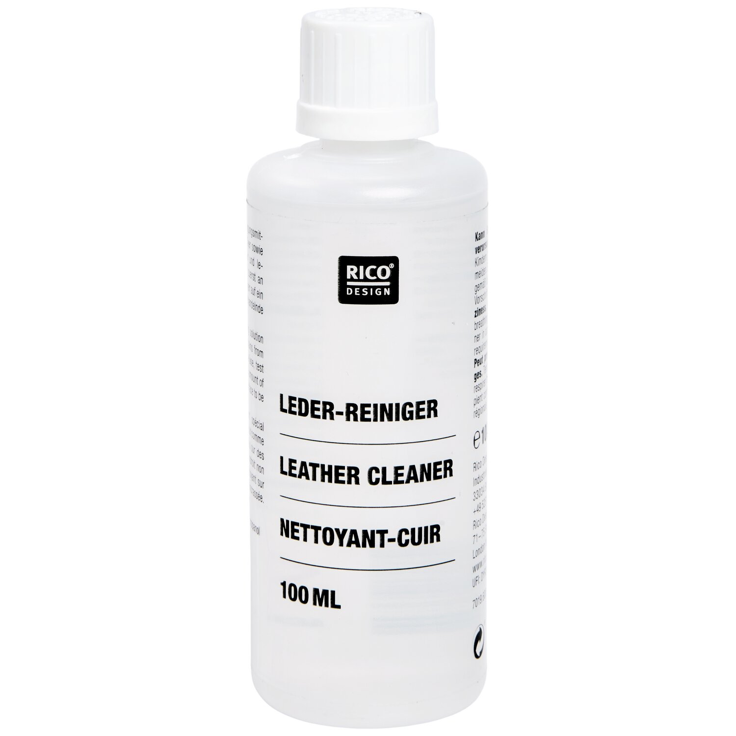 Lederreiniger 100ml von Rico Design in einer transparenten Flasche für effektive Lederpflege.