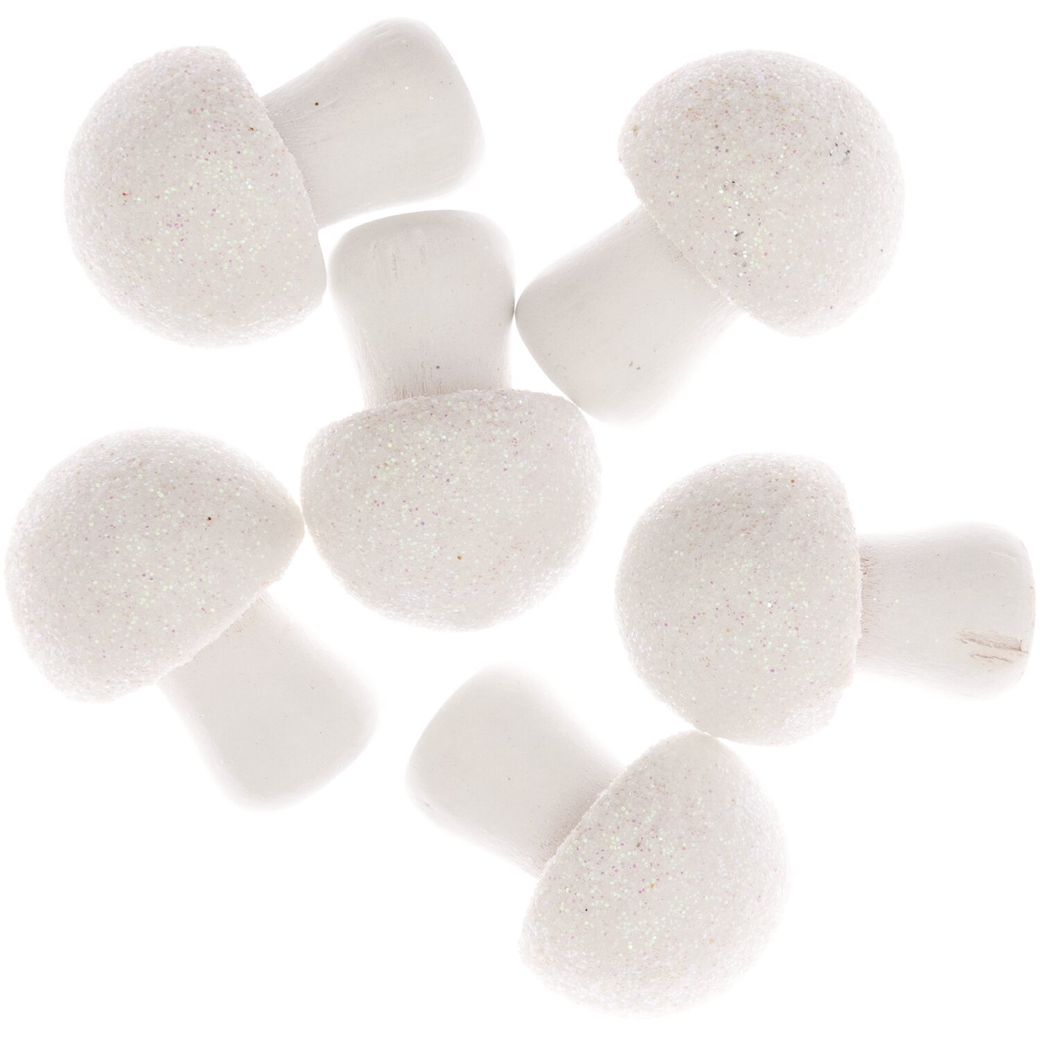 3D-Holzstreu Pilz mit Glitter, weiß, 30x23mm, 6 Stück. Ideal für kreative Bastelprojekte und Dekorationen.