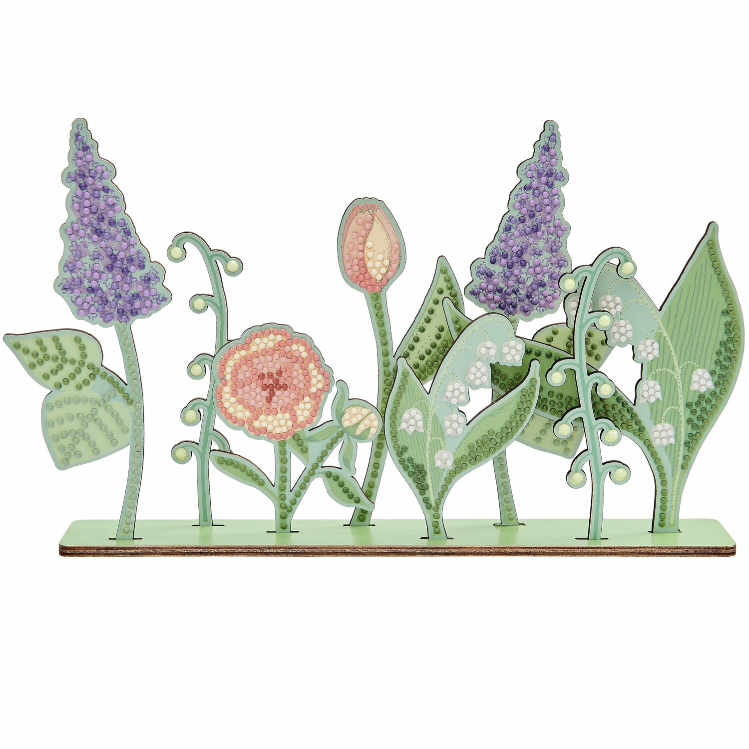 Diamond Painting DIY-Set Frühlingswiese 31x18,5cm zeigt bunte Blumen auf Holzständer.