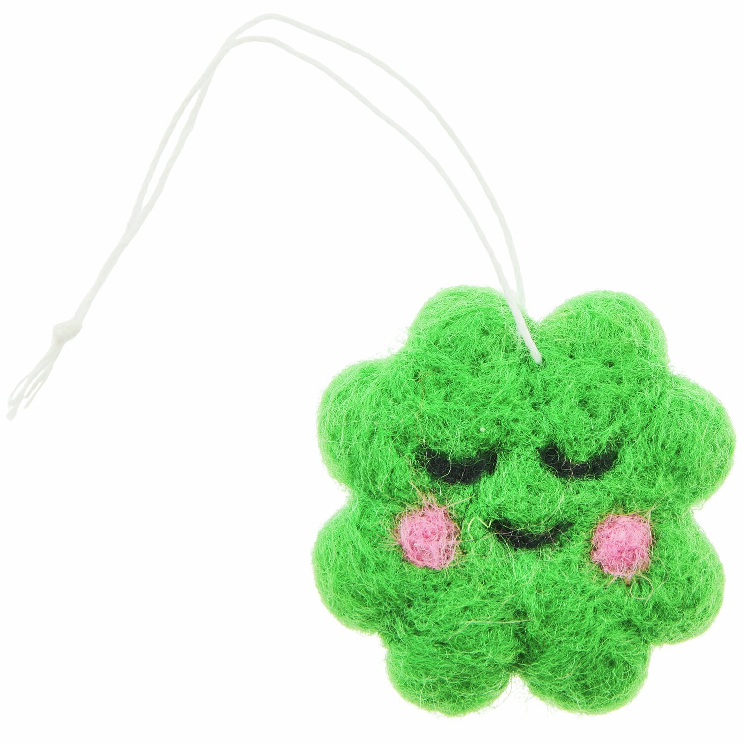 Aufhänger Filz-Kleeblatt 3D mit Gesicht in Grün, 4x4x1,4cm. Süßes Design mit rosa Wangen und geschlossenen Augen.
