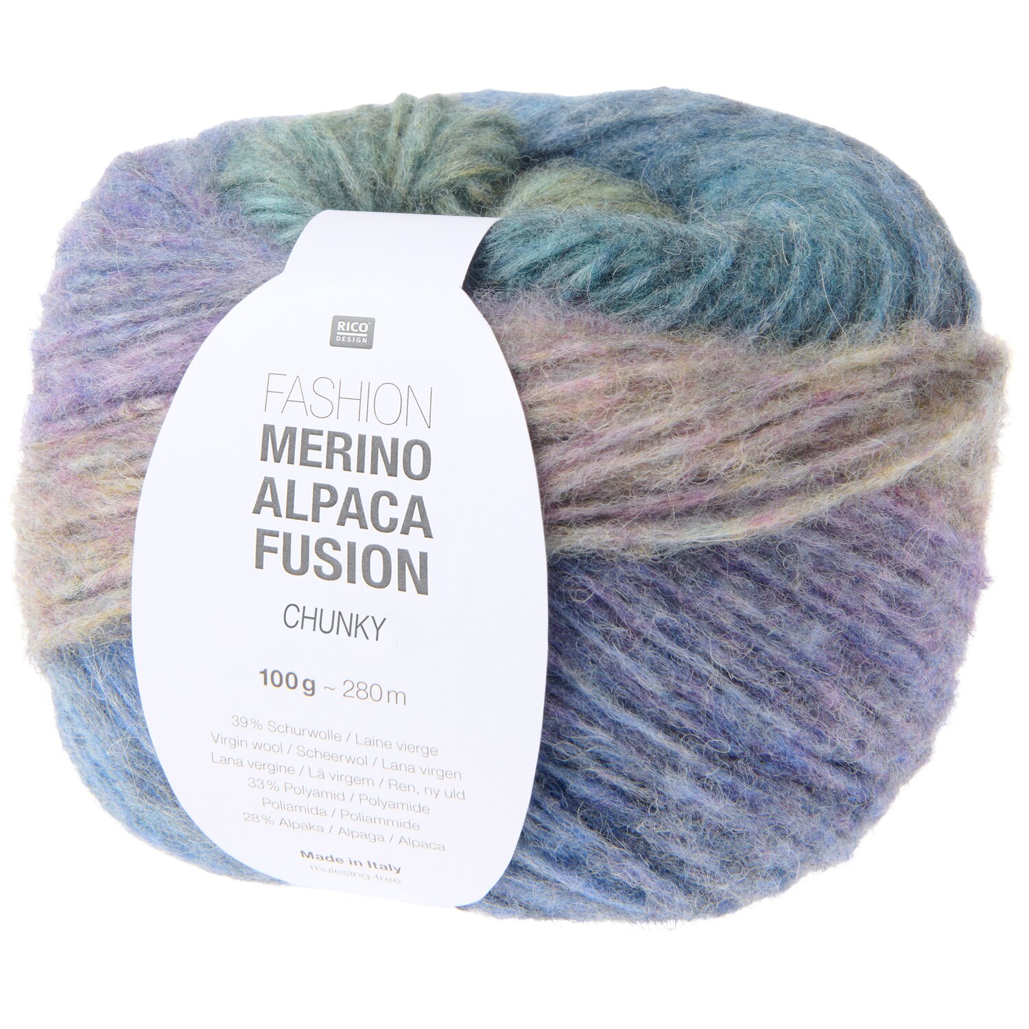 Fashion Merino Alpaca Fusion Chunky, mehrfarbiges Garnknäuel mit Banderole, Rico Design, ideale Wolle für Strickset Jacke Modell 22, Strickset Dreieckstuch Modell 23, 100g 280m