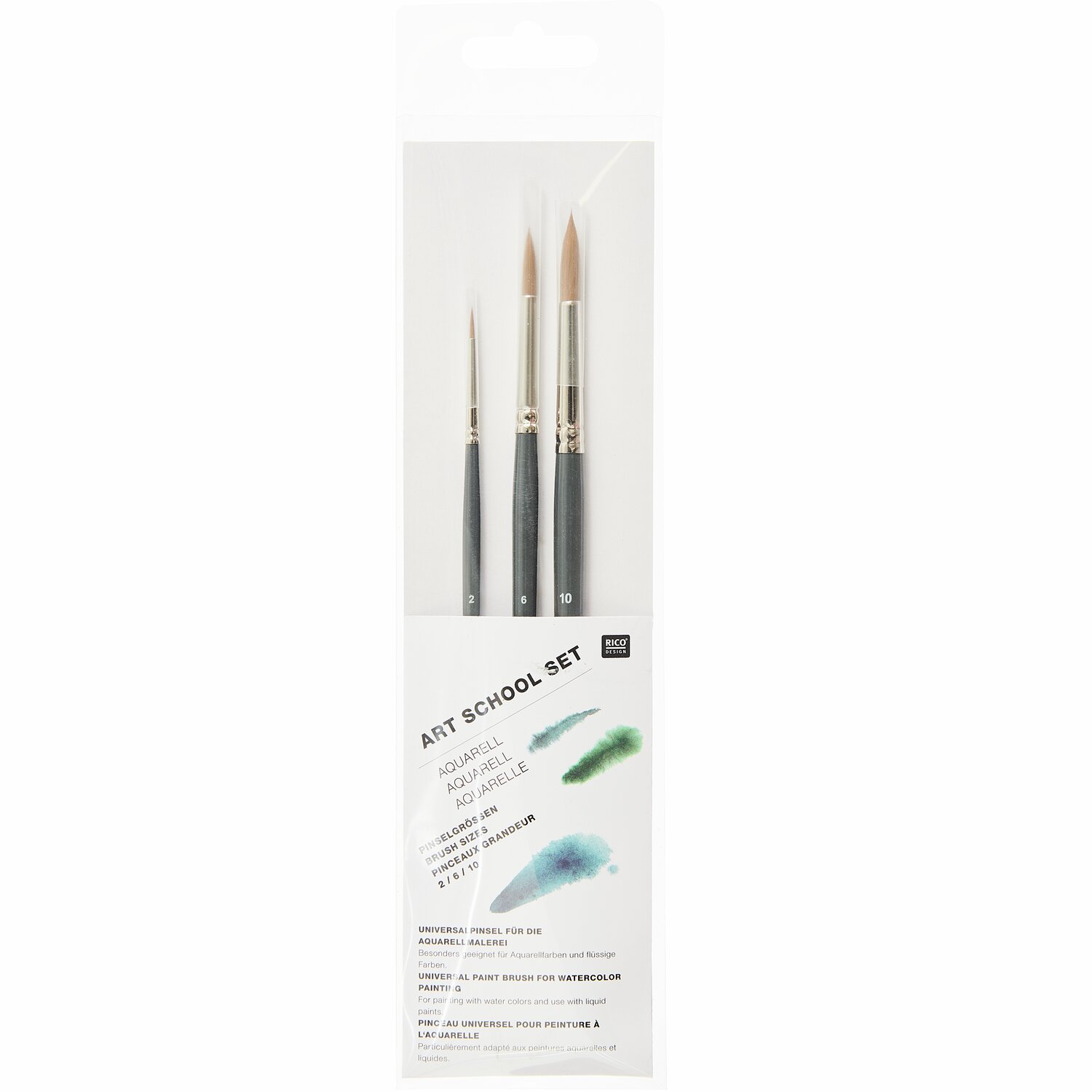 Pinsel Art School Aquarellset 3-teilig von Rico Design Pinsel Art School Aquarellset, 3-teilig, mit schwarzen Griffen und feinen Borsten, ideal für präzises Malen.