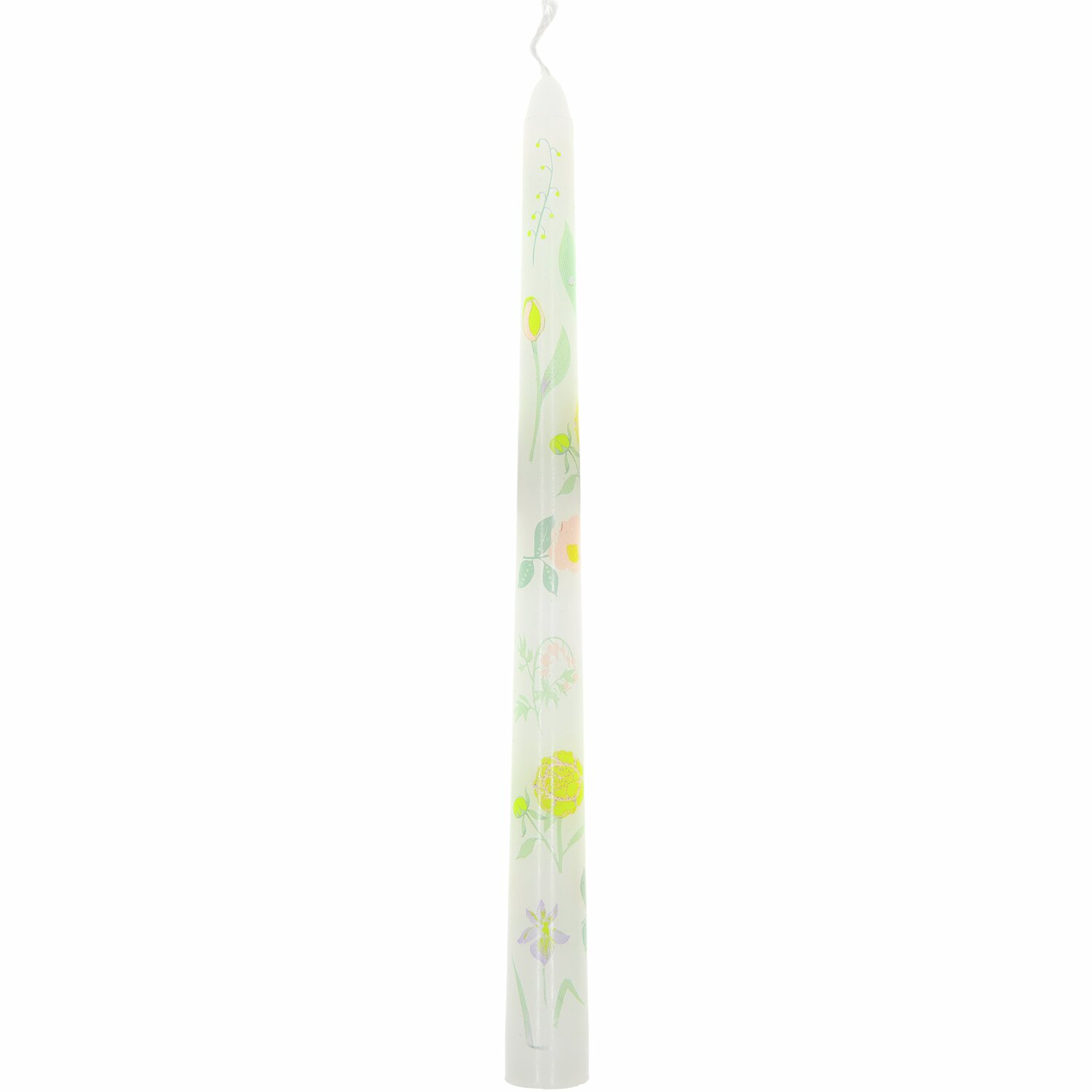 Spitzkerze Frühlingsblumen Weiß, dekorative Kerze mit bunten Blumenmotiven, ideal für Frühlingsdekorationen.