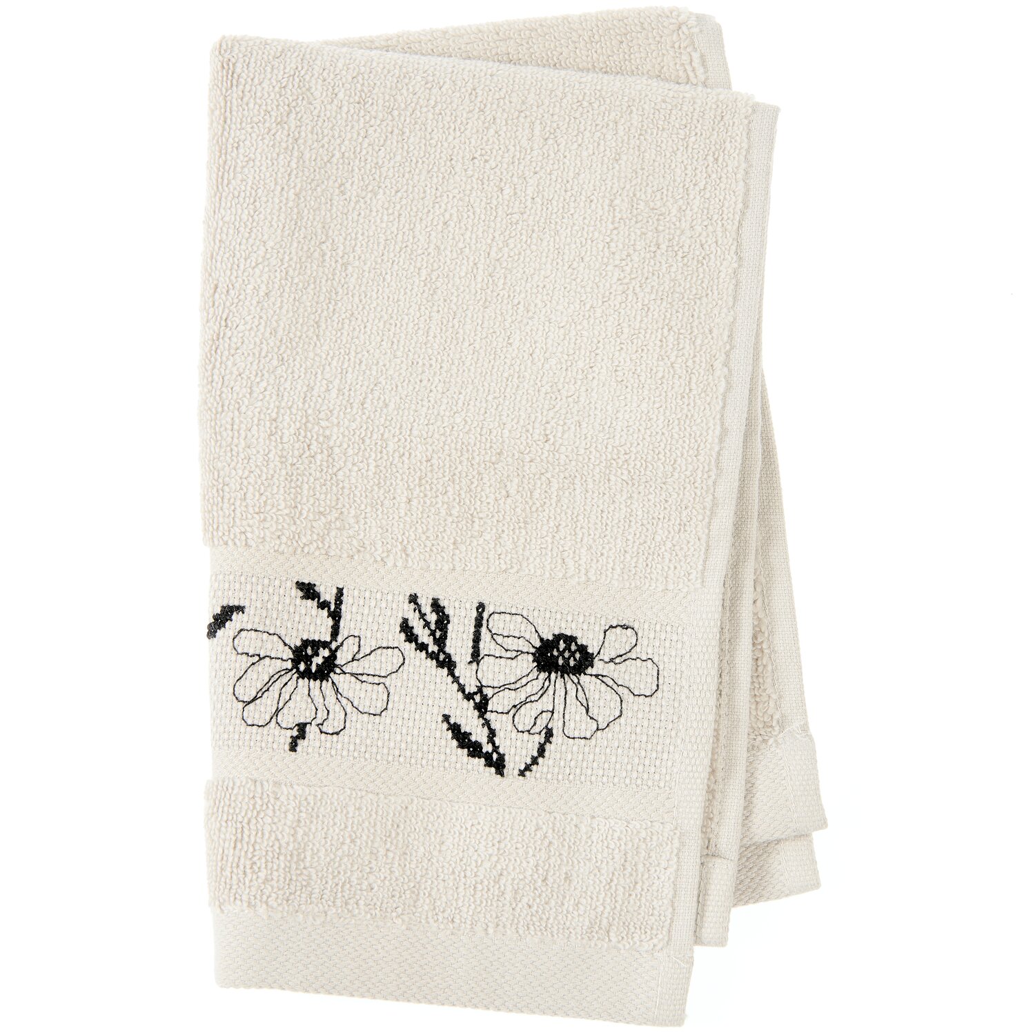 Stickset Gästetuch, Hellbeige Modell 80853 aus Stickbuch 186, weiches Gästehandtuch mit schwarzem Blumen-Stickmuster auf breiter Bordüre, dekorativ gefaltet