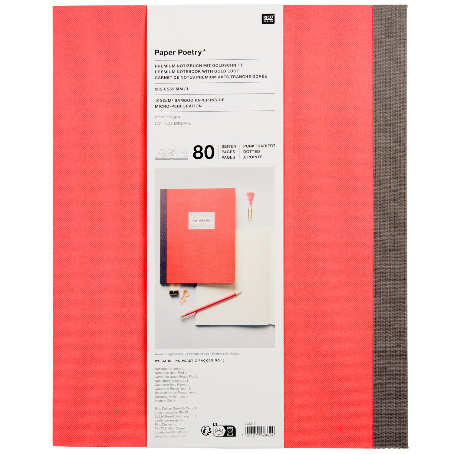 Paper Poetry Notizbuch L  Goldrand Farbe Neonrot von Rico Design