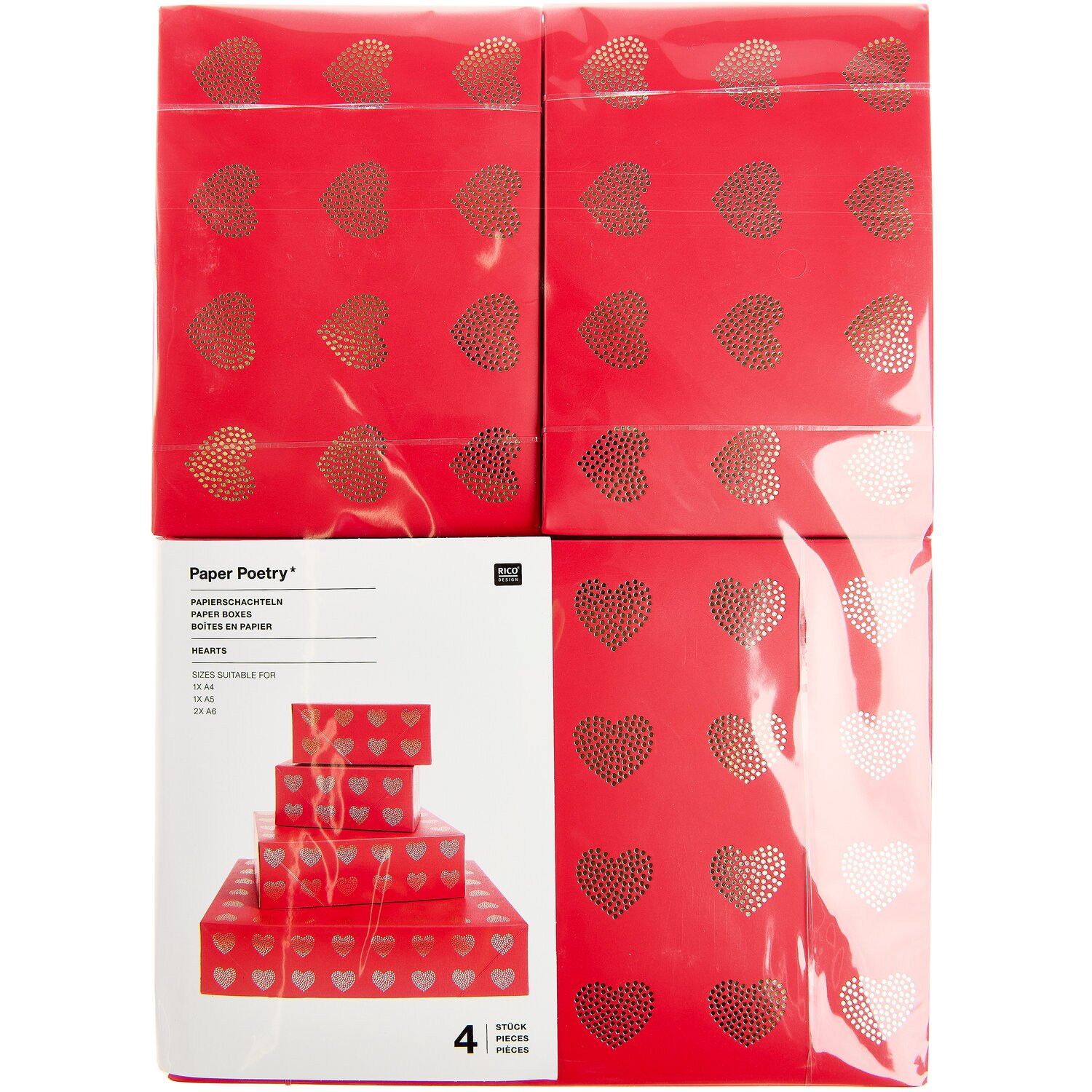 Paper Poetry Papierschachtel Set Advent Herzen Rot/Gold 4 Stück von Rico Design