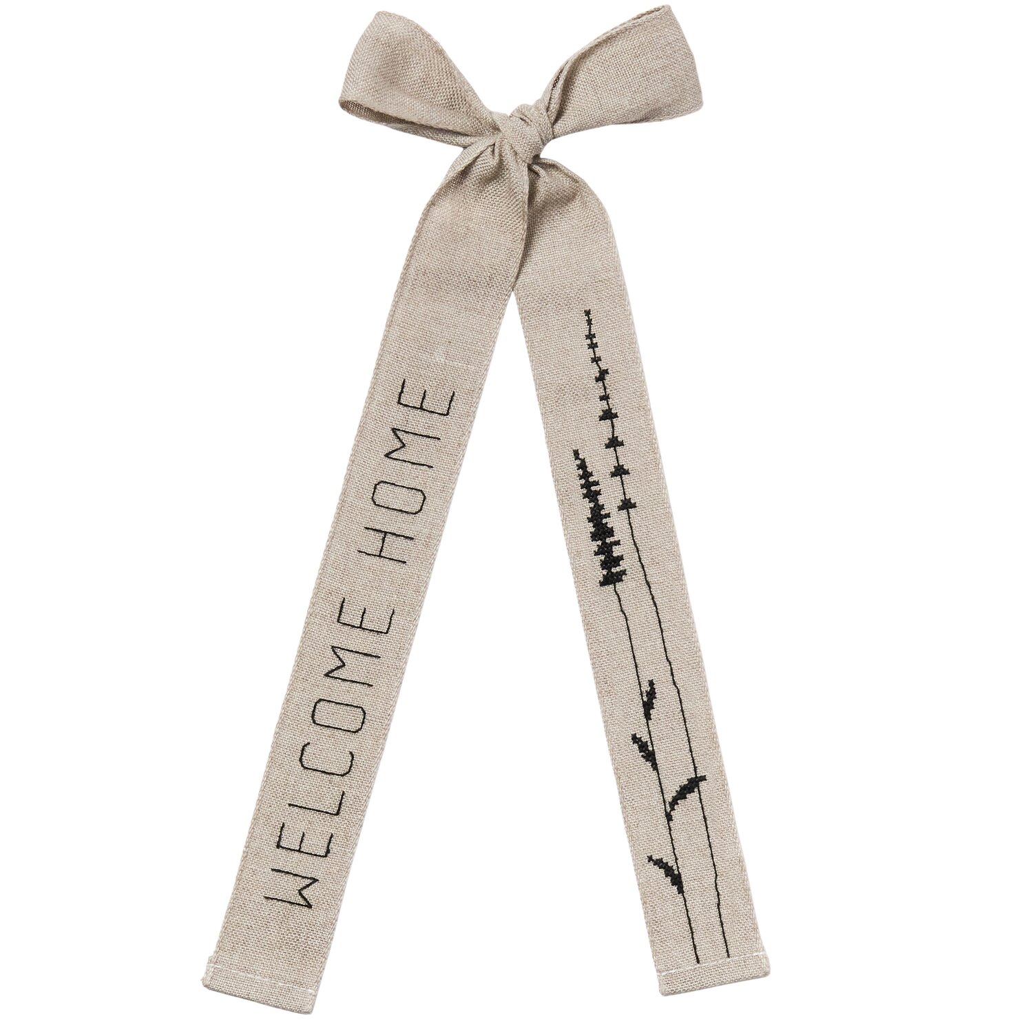 Stickpackung Gezählter Kreuzstich Schleife Welcome Home, Rico Design, dekorative, naturfarbene Leinen-Schleife mit Schriftzug und floraler Stickerei, 16x31cm