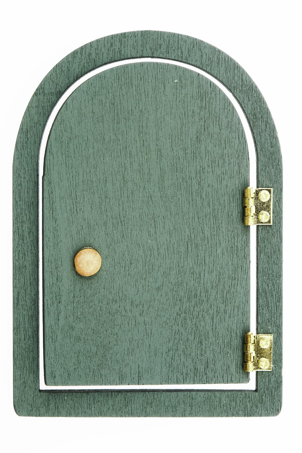 Miniatur Wichteltür rund aus Holz in Grün mit goldenen Scharnieren und Knauf von Rico Design. Ideal für kreative Dekorationen und Bastelprojekte.
