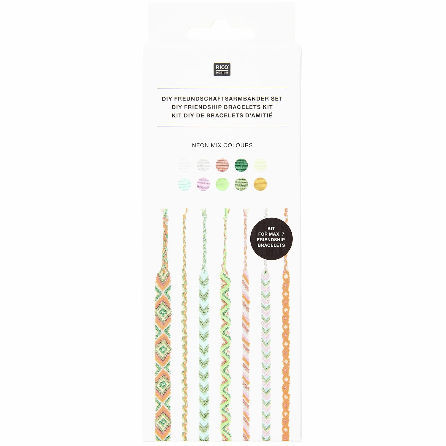 DIY Freundschaftsarmbänder Set Neon Mix Colours von Rico Design zeigt bunte Armbänder in Neonfarben. Ideal für kreative Bastelprojekte.