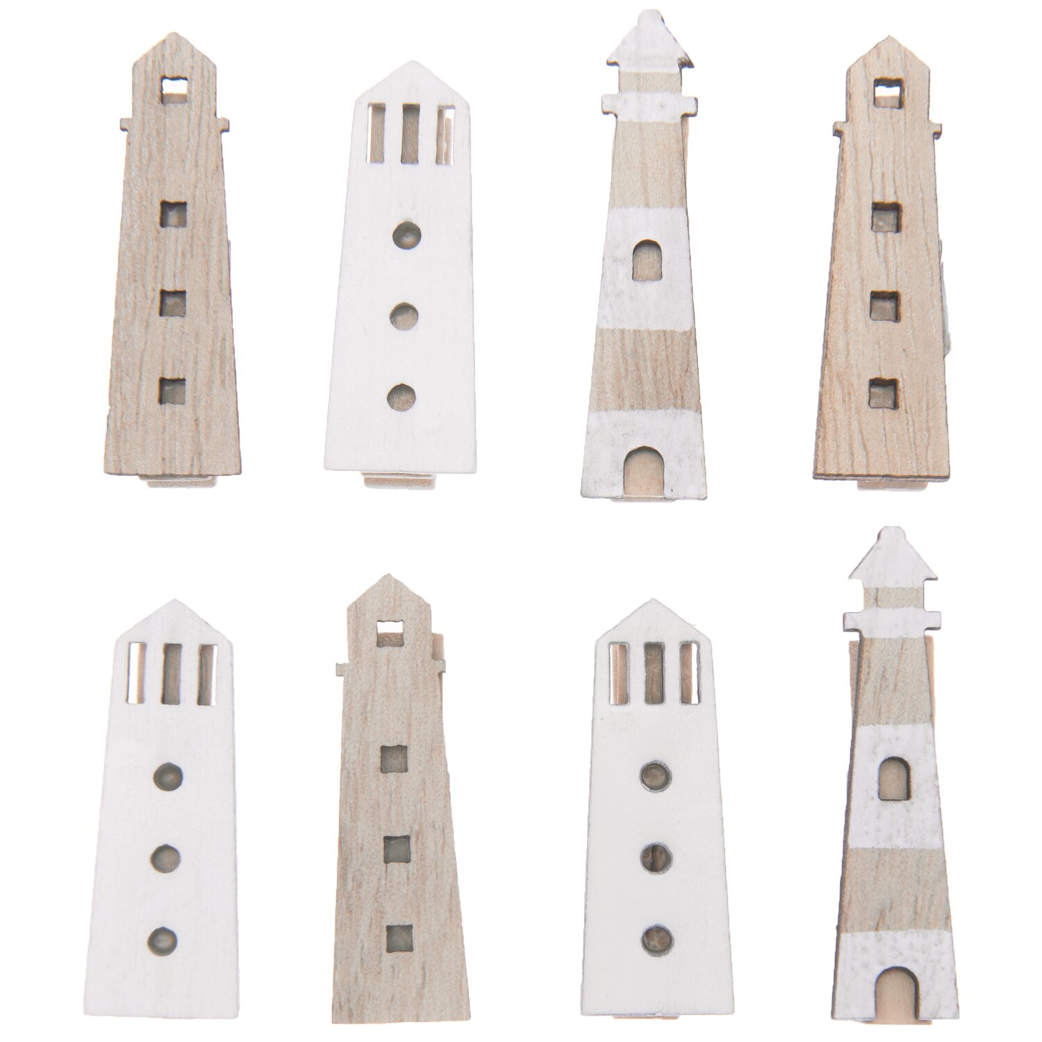 Dekoklammern Leuchtturm Mix natur 7x35mm 8 Stück: Holzklammern in Leuchtturmform, teils weiß bemalt, ideal für kreative Dekorationen.