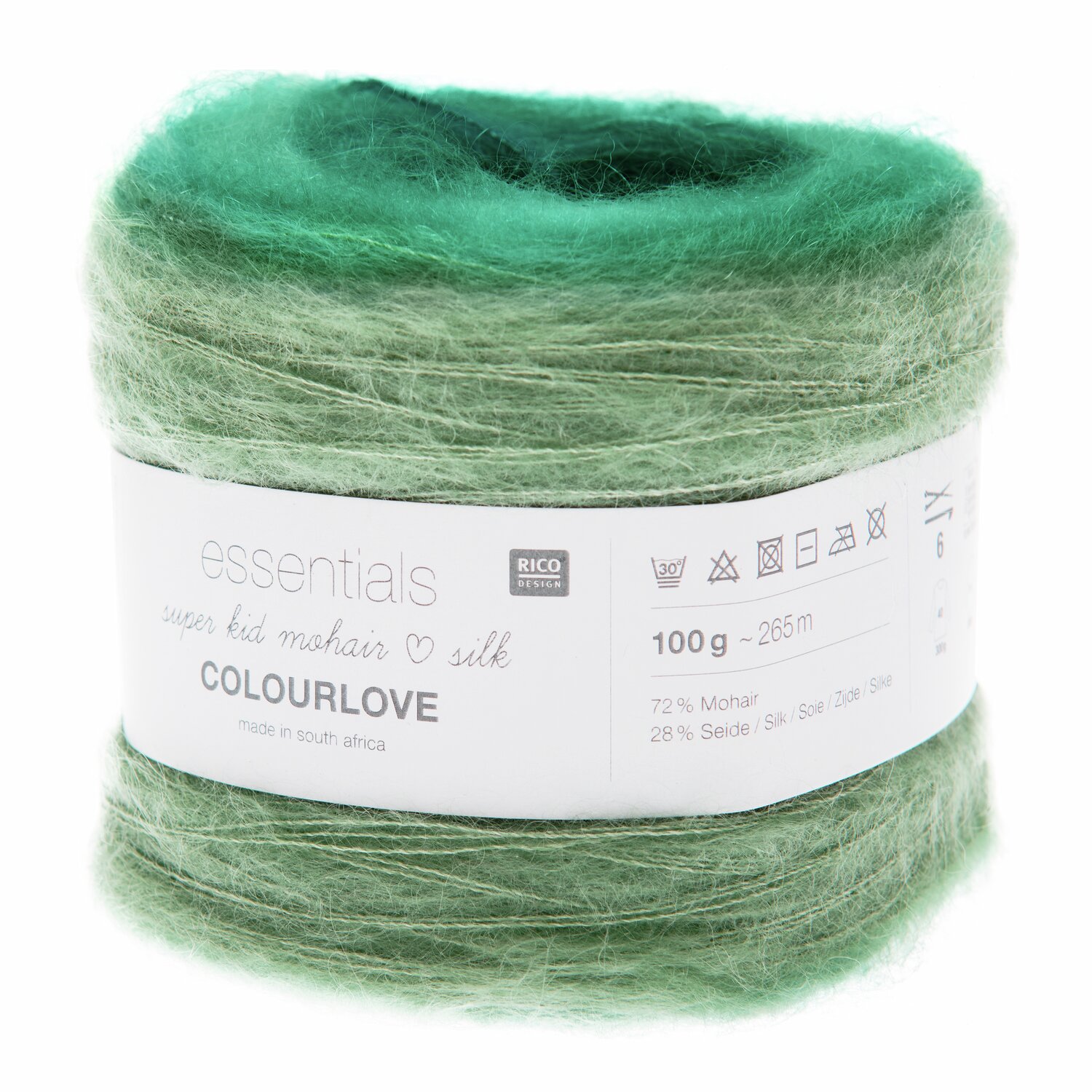Essentials Super Kid Mohair Loves Silk Colourlove: Grünes Garn, 100g, 265m, ideal für Strickprojekte.