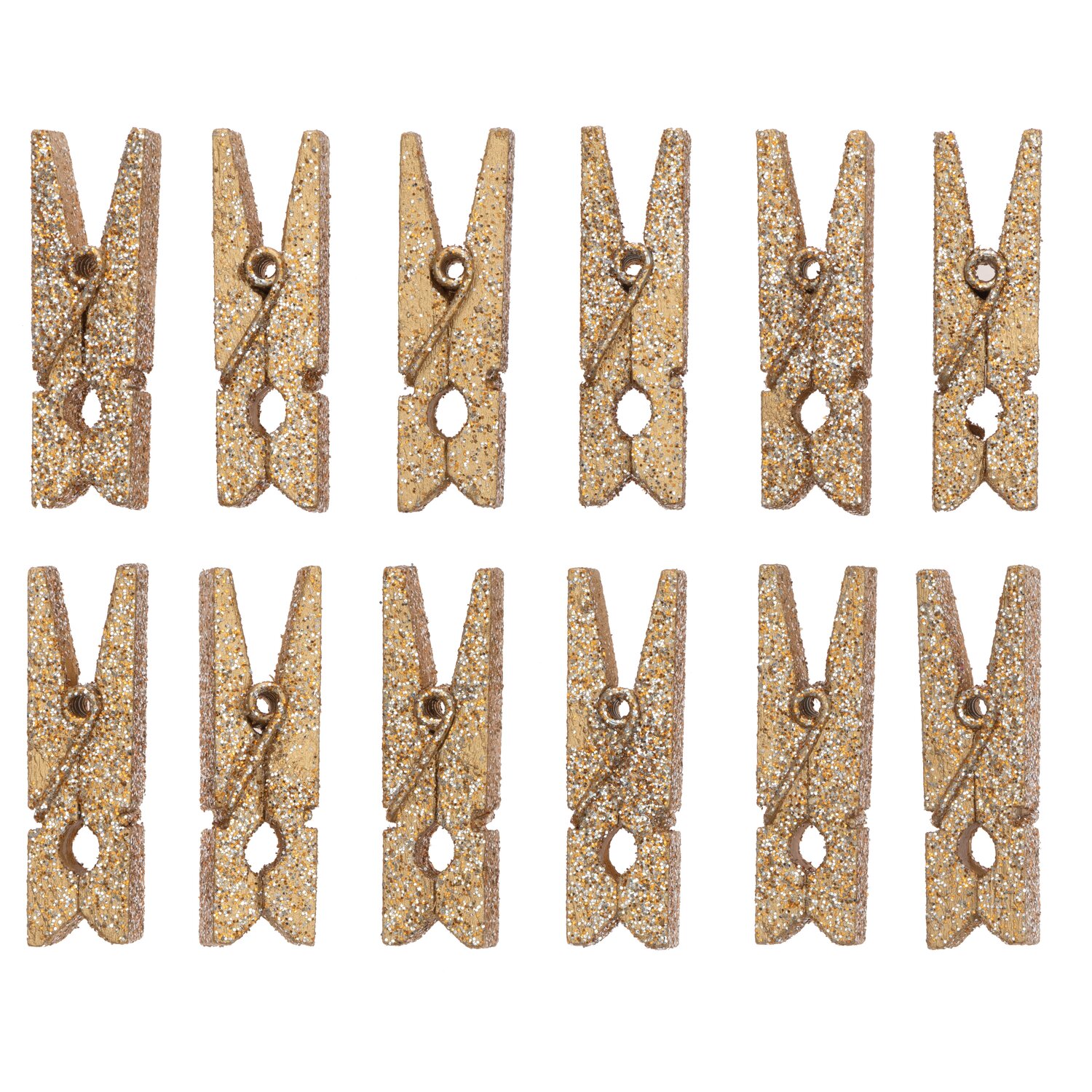 Holzklammern mit Glitter 7x35mm, 12 Stück. Goldene Klammern von Rico Design, ideal für Dekorationen.