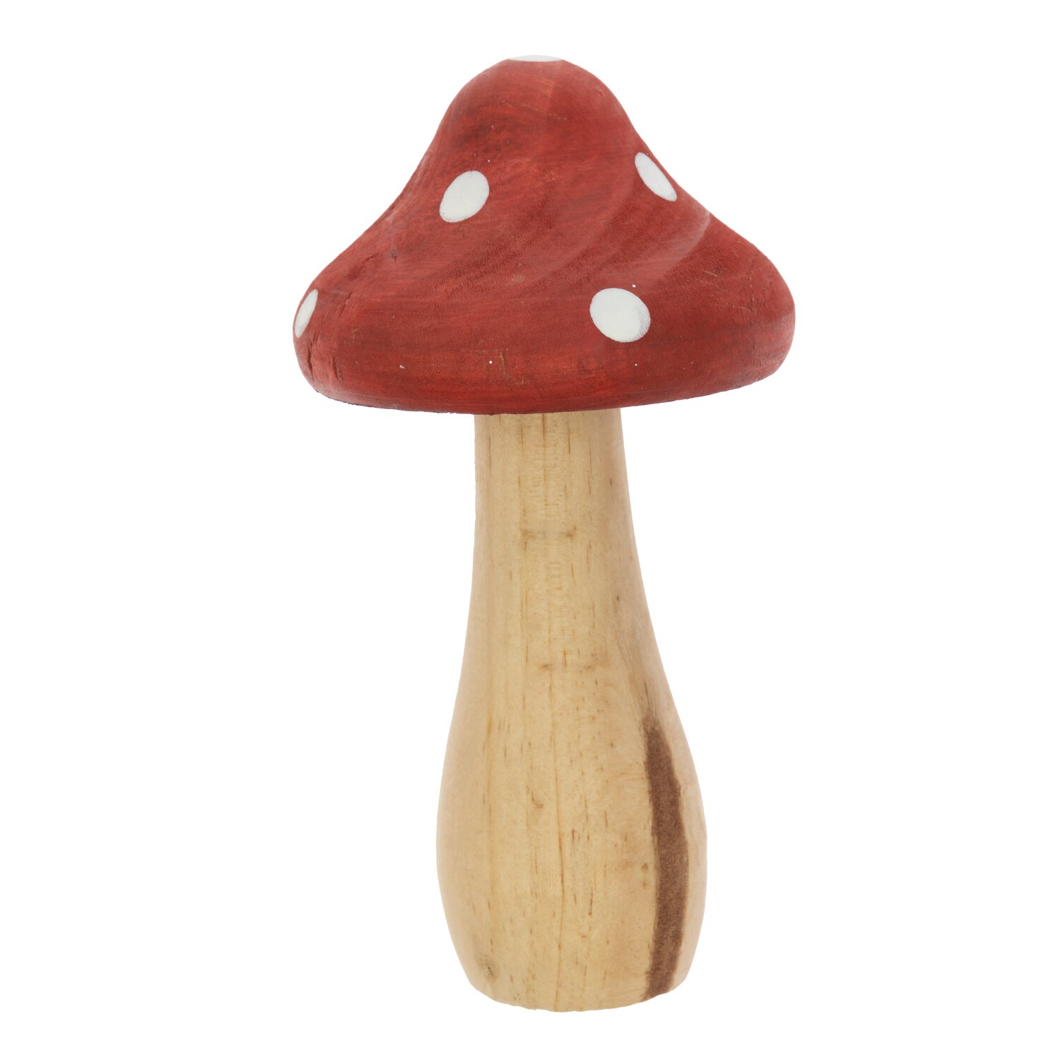 Deko-Pilz aus Holz rot-weiß, von Rico Design. Der Pilz hat einen roten Hut mit weißen Punkten.