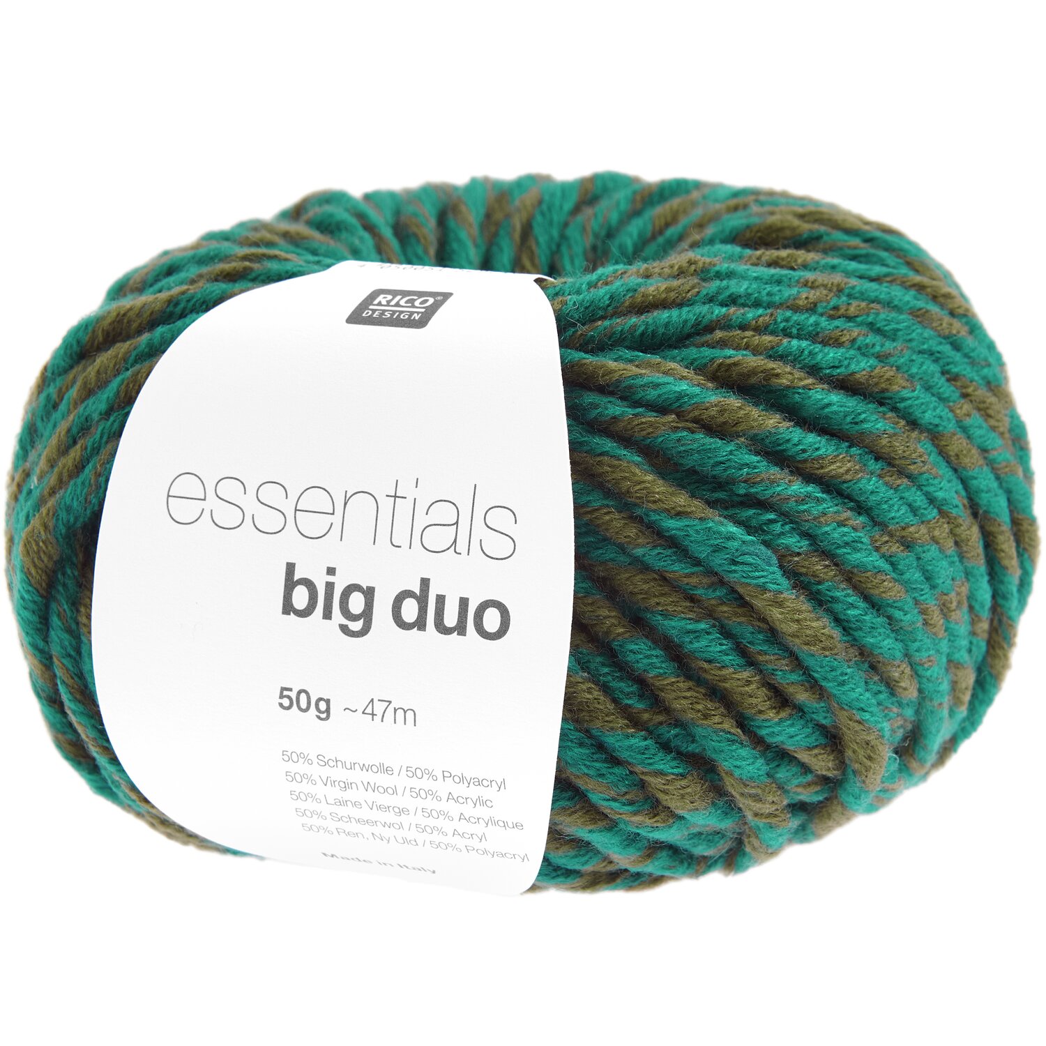 Essentials Big Duo Wolle in Hellpetrol und Oliv von Rico Design, 50g Knäuel, 47m Länge.