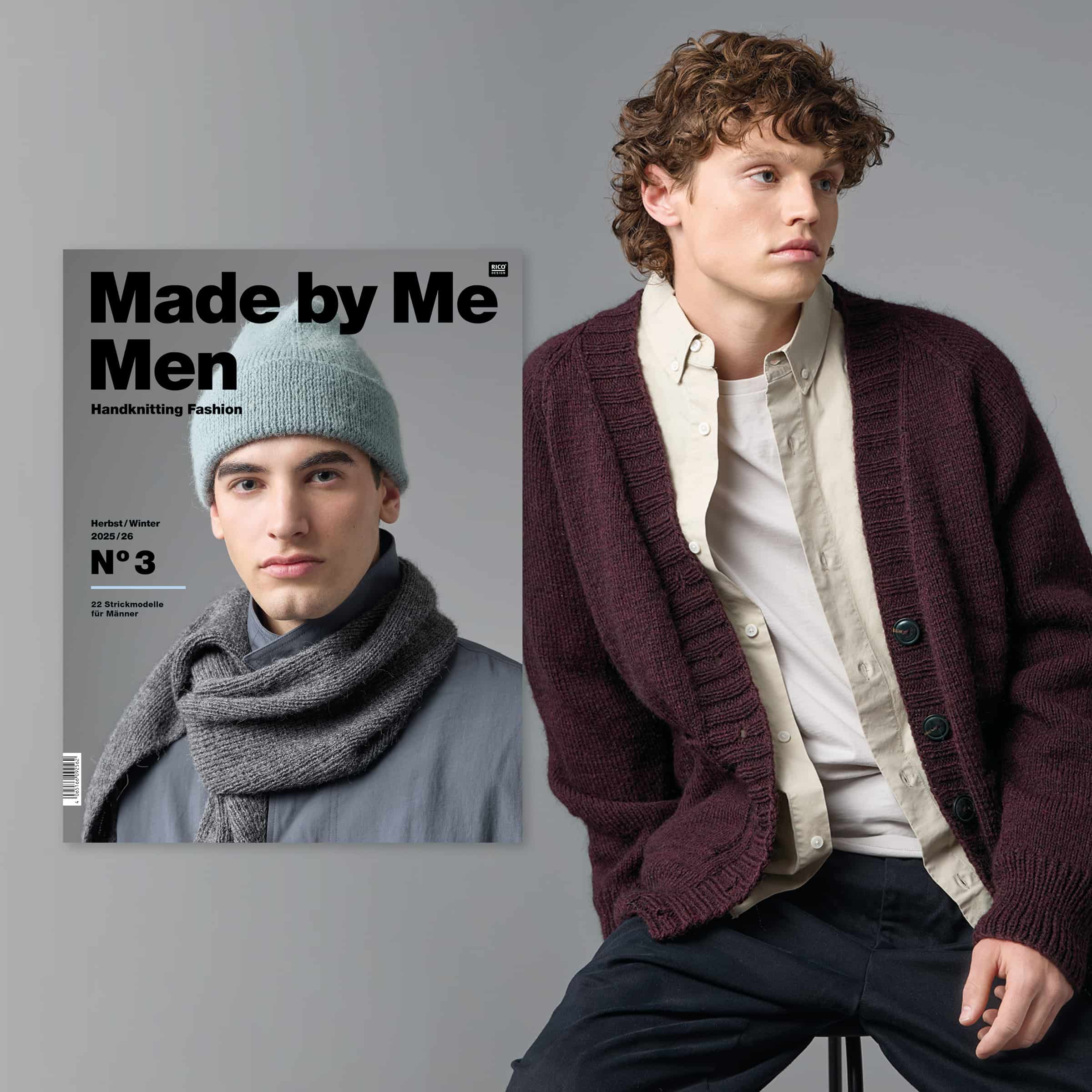 Mann trägt gestrickte Jacke aus dem Handstrick Magazin Made by Me Men No. 3. Daneben ein Cover des Handstrick Magazins Made by Me Men No. 3