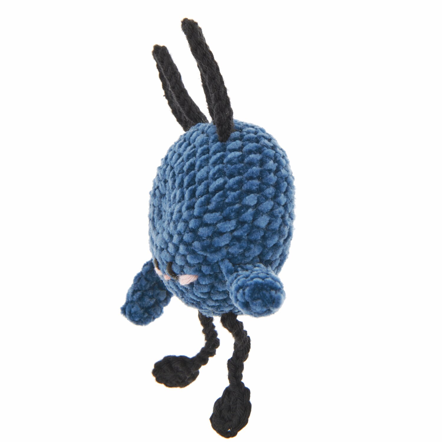 Ricorumi Rainbow Weirdos, ein blaues, gehäkeltes Wesen mit schwarzen Beinen und Ohren. Ideal für kreative Handarbeitsprojekte.