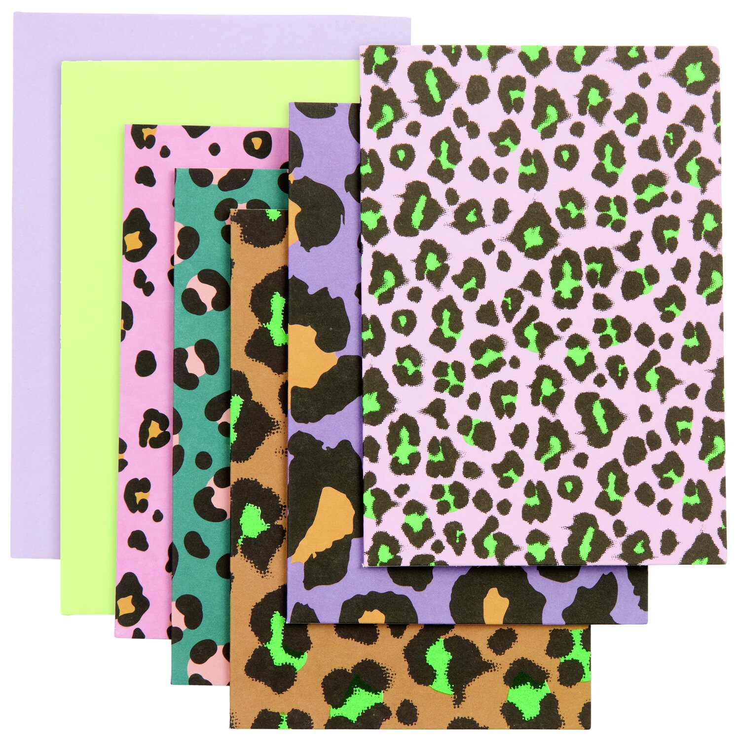 Paper Poetry Kartenset C7/A7 Acid Leo, 20-teilig, mit buntem Leopardenmuster in Lila, Grün und Braun. Ideal für kreative Bastelprojekte.
