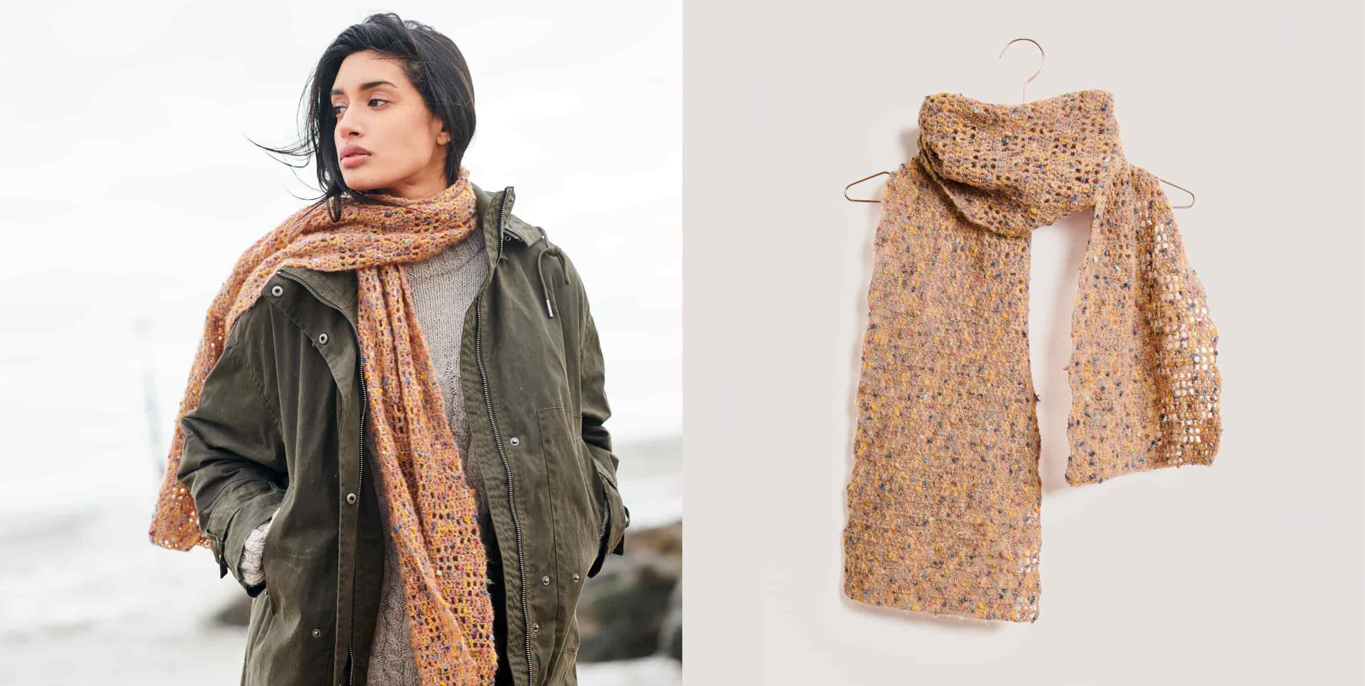 Gehäkelter Schal Modell 23 aus Lovewool No. 21 getragen an weiblichem Model und auf einem Bügel