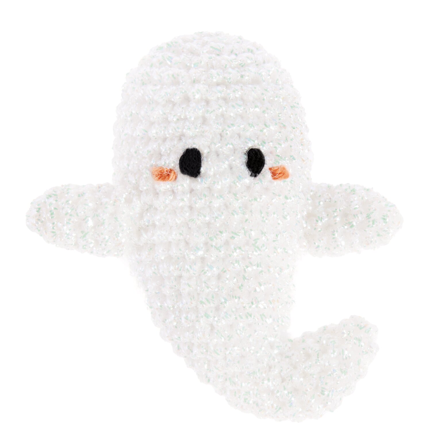 Ricorumi In the Meadow zeigt ein gehäkeltes Geist-Amigurumi aus Creative Ricorumi dk von Rico Design, mit schwarzen Augen, orangenen Wangen und flauschiger Struktur, 25g