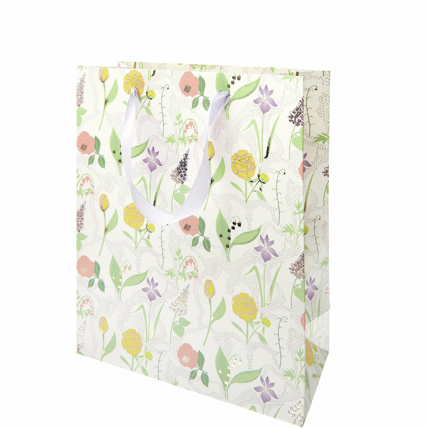 Geschenktüte Blumenwiese L mit floralem Muster in Pastellfarben, 26x32x12cm, von Rico Design. Ideal für Geschenke.