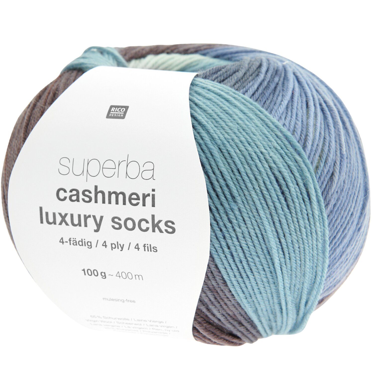 Superba Cashmeri Luxury Socks 4fädig, weiches Garn in Blau- und Brauntönen, 100g, 400m, von Rico Design. Ideal für hochwertige Strickprojekte.