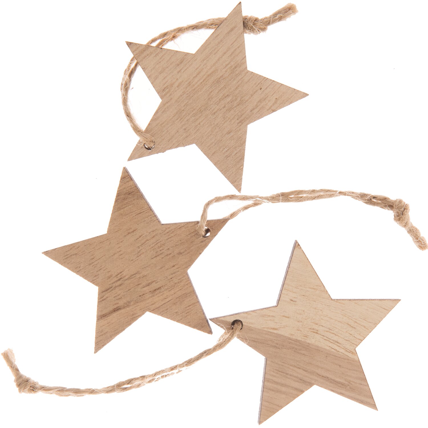 Holzhänger Stern natur 51x50mm 3 Stück: Drei natürliche Holzsterne mit Juteschnur, ideal für Dekorationen.