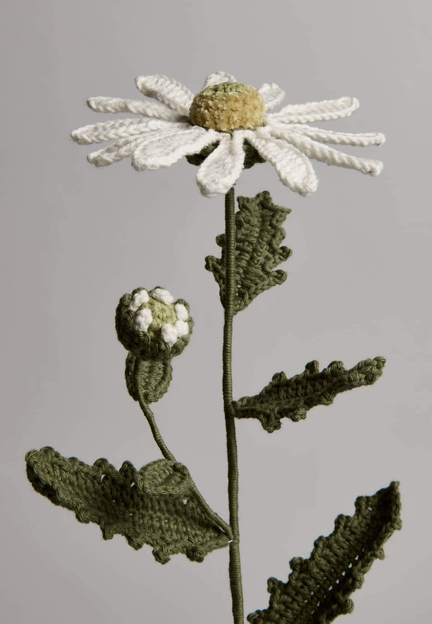 Gehäkelte Wiesenmargerite steht vor grauem Hintergrund.