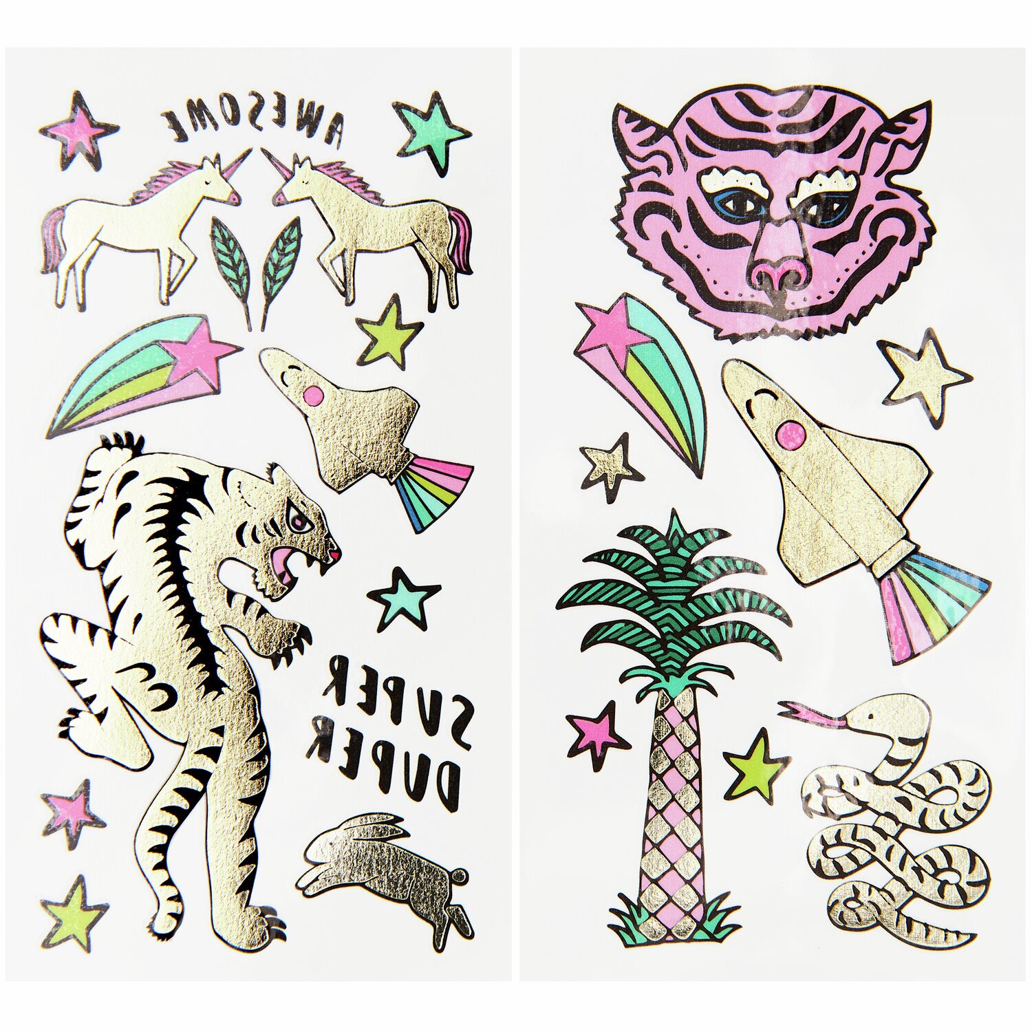 Tattoos Wonderland: Bunte, 24-teilige Tattoo-Sets mit Einhörnern, Tigern und Raketen für kreative Designs.