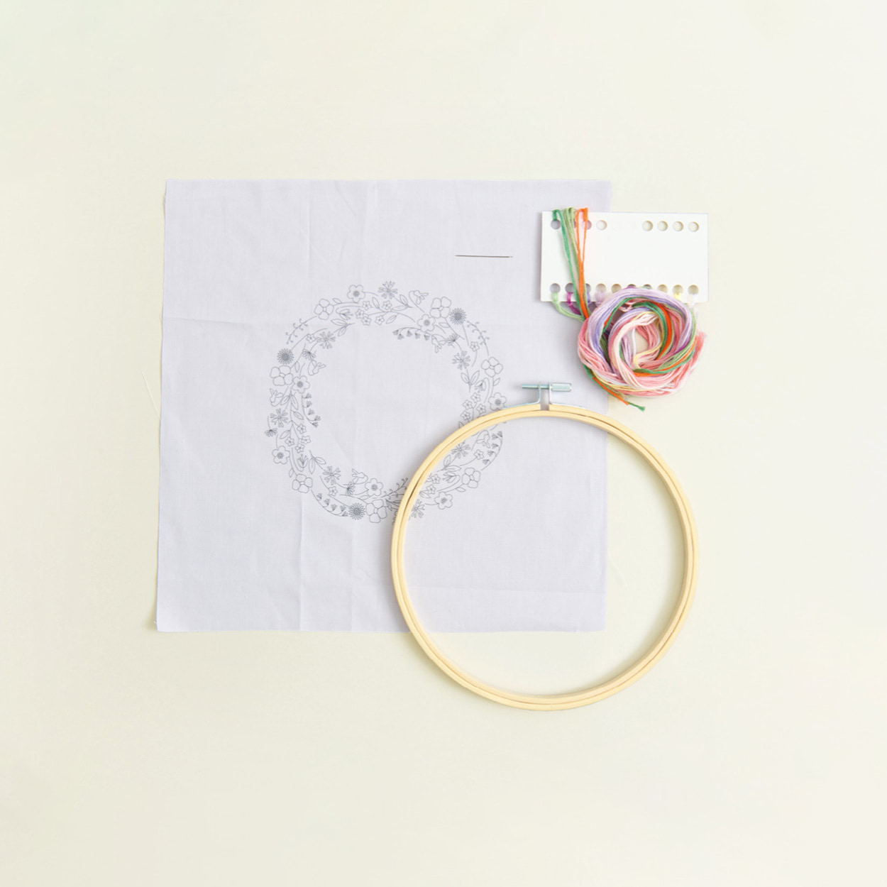 Ein vorgezeichnetes Stickmotiv mit einem Blumenkranz, Stickring und Sticktwist liegen ausgebreitet auf gelbem Hintergrund.