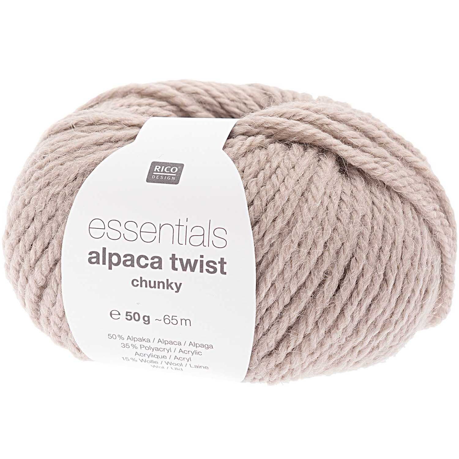 Essentials Alpaca Twist Chunky: Ein Knäuel silbergraues Garn von Rico Design, ideal für warme Strickprojekte, 50g mit 65m Länge.
