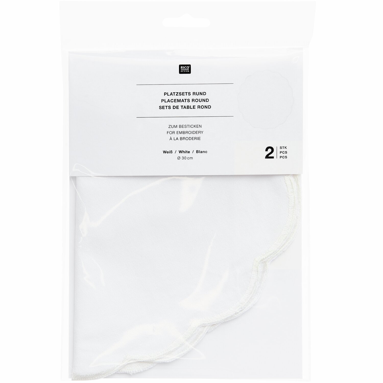 Platzsets rund Weiß 2 Stück von Rico Design, ideal für Tischdekoration, Ø30cm, in Verpackung.