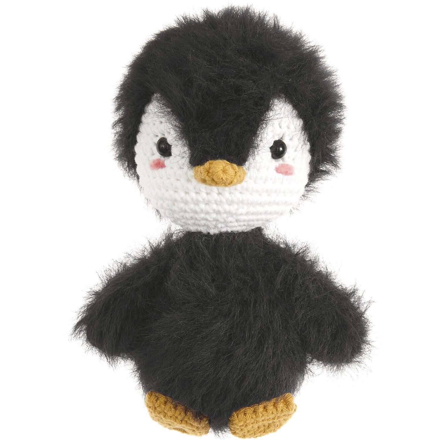 Ricorumi Furry Animals: Niedlicher gehäkelter Pinguin in Schwarz und Weiß mit senffarbenen Füßen.