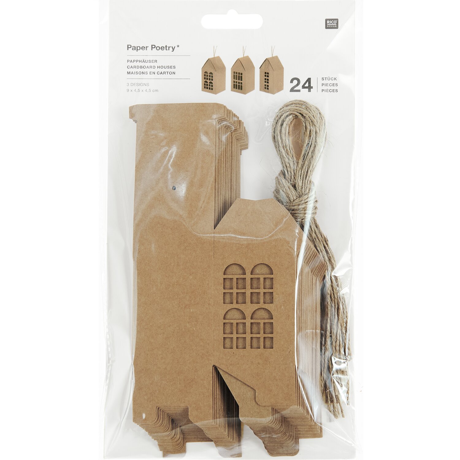 Adventskalender Papphäuser aus Kraftpapier, 24 Stück von Rico Design, mit Fensterdesign und Schnur.