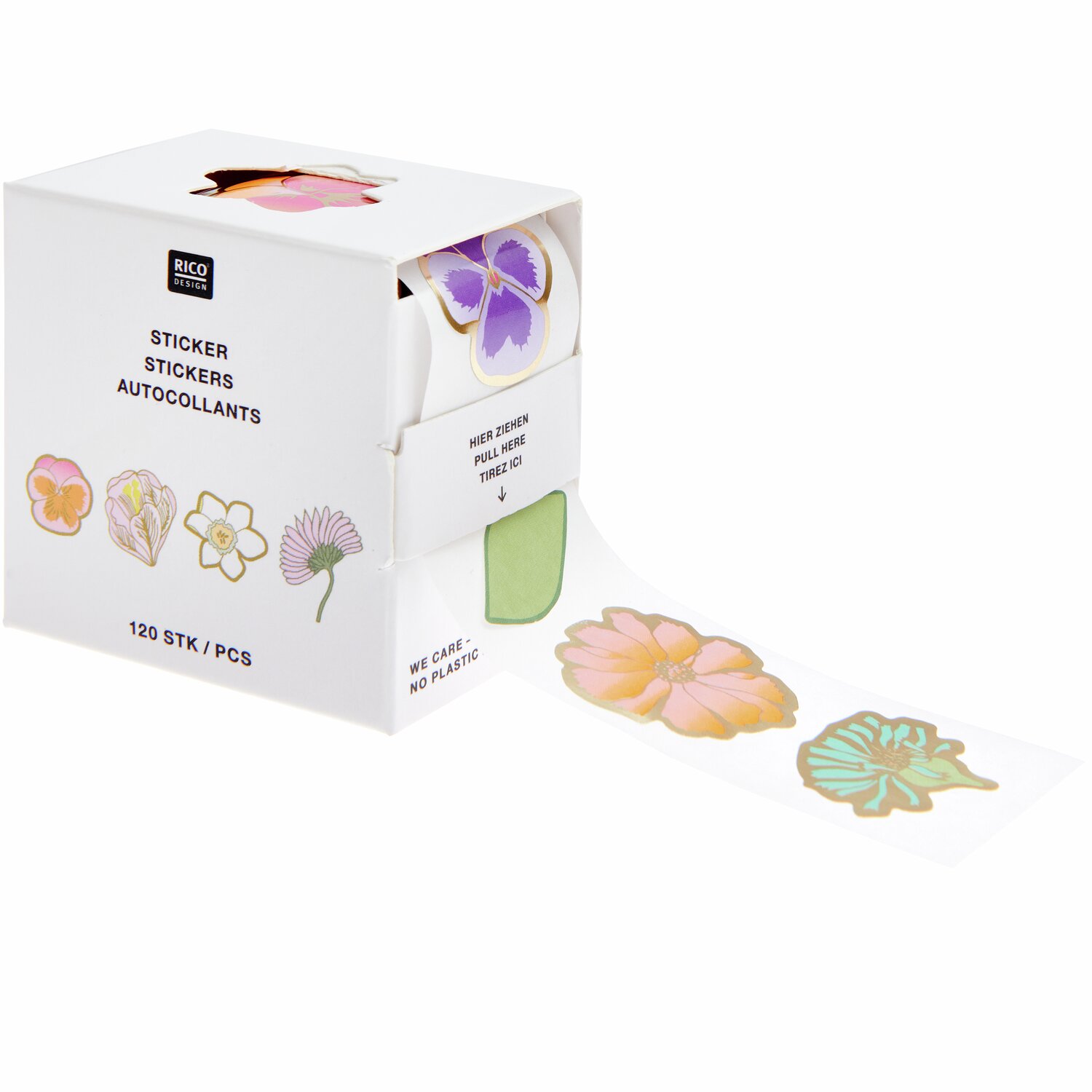 Paper Poetry Mini-Sticker Futschikato Stiefmütterchen auf der Rolle, 120 Stück, Ø2,5cm, bunte Blumenmotive in einer weißen Rico Design Box.