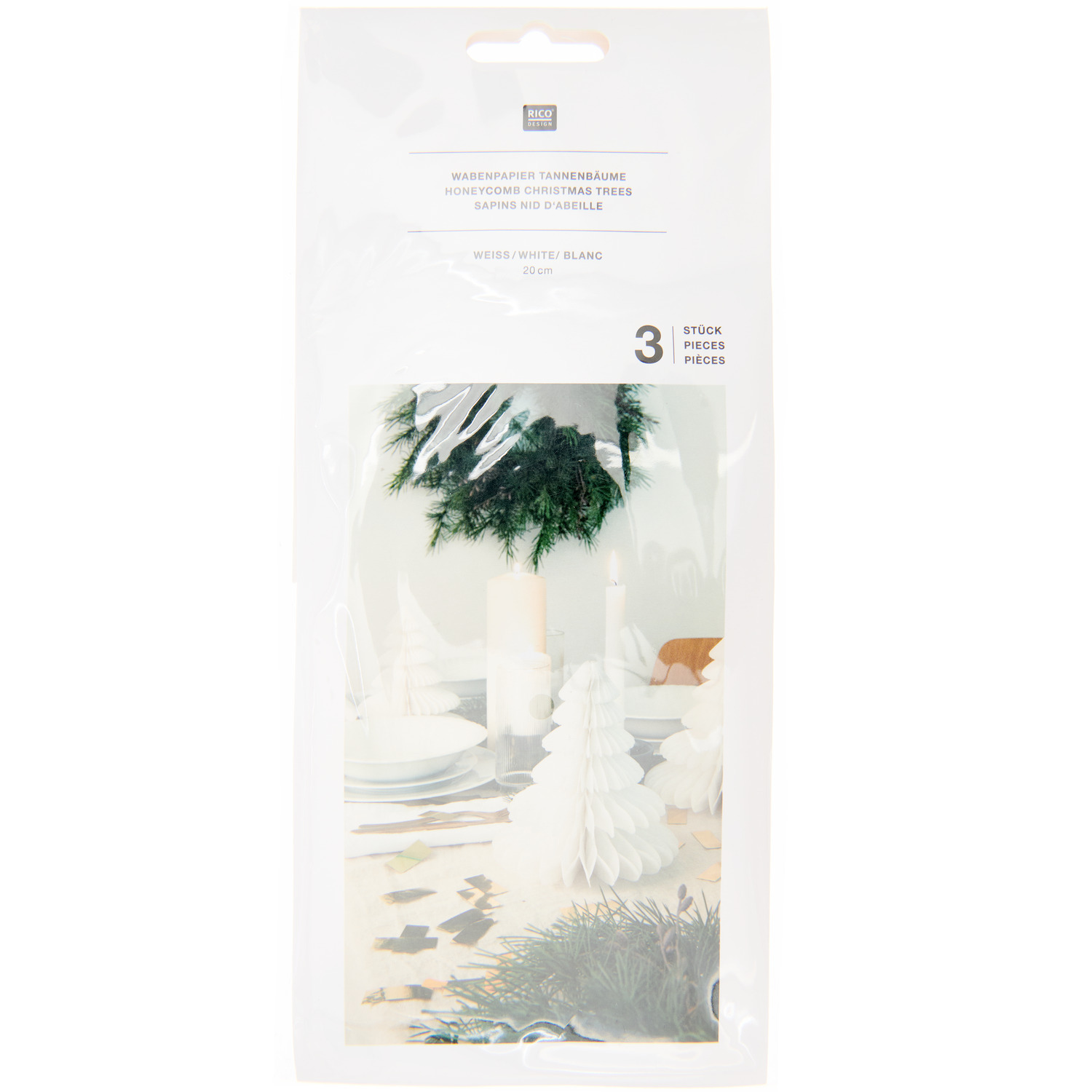 Wabenpapier Tannenbäume 20cm 3 Stück Farbe Weiß von Rico Design