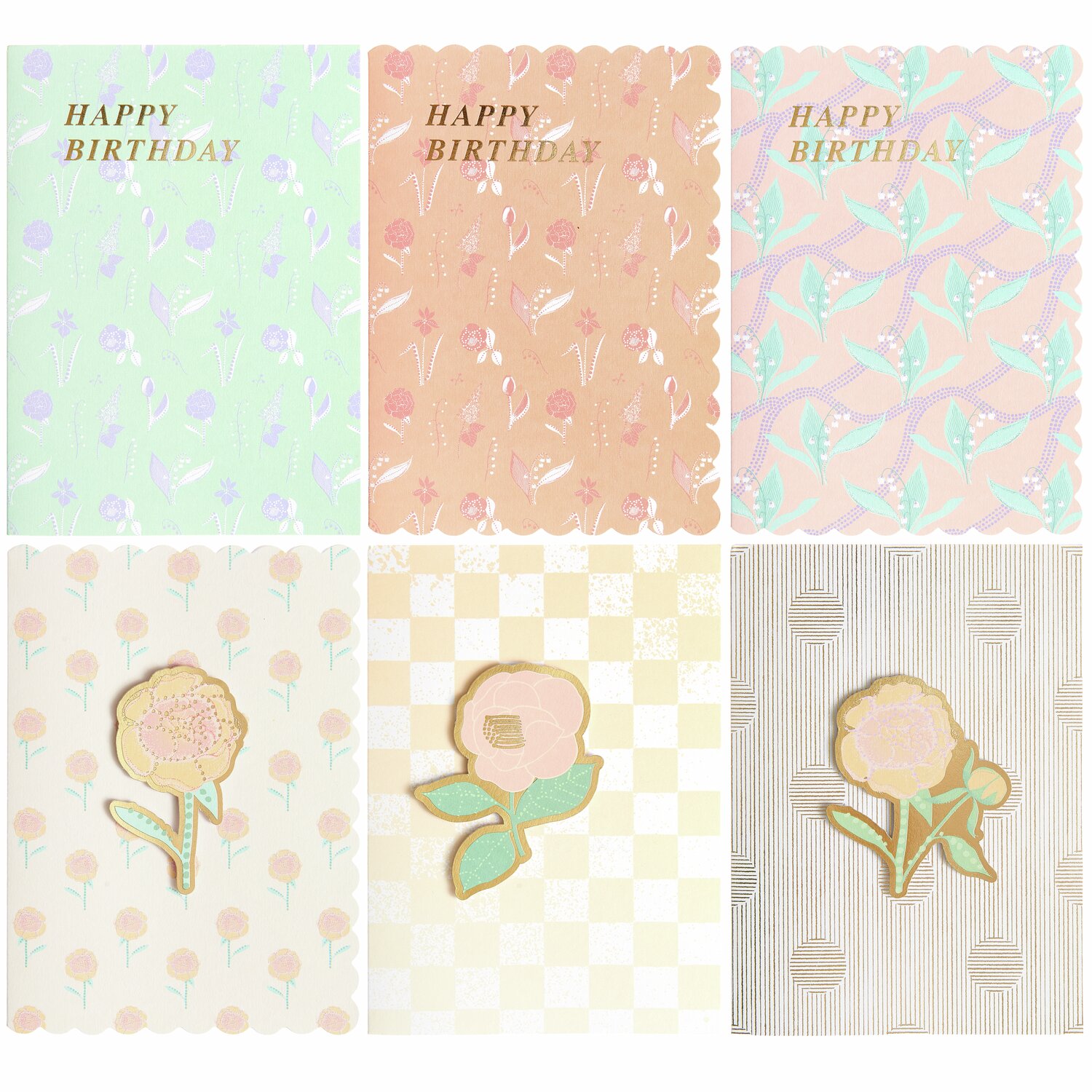 Paper Poetry 3D-Kartenset Blumen Sky Pastell: Sechs bunte Geburtstagskarten mit floralen Mustern und 3D-Blumenmotiven im B6-Format.