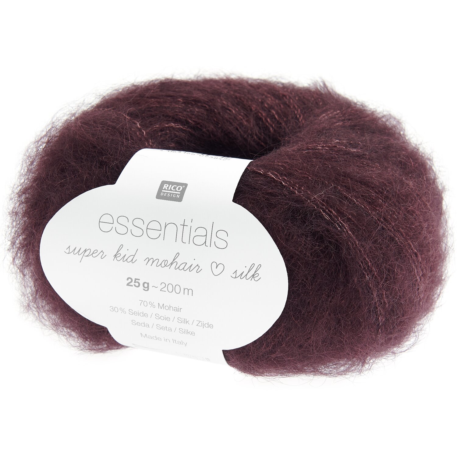 Essentials Super Kid Mohair Loves Silk: Weiches, burgunderfarbenes Garn von Rico Design, 25g, 200m. Ideal für luxuriöse Strickprojekte.