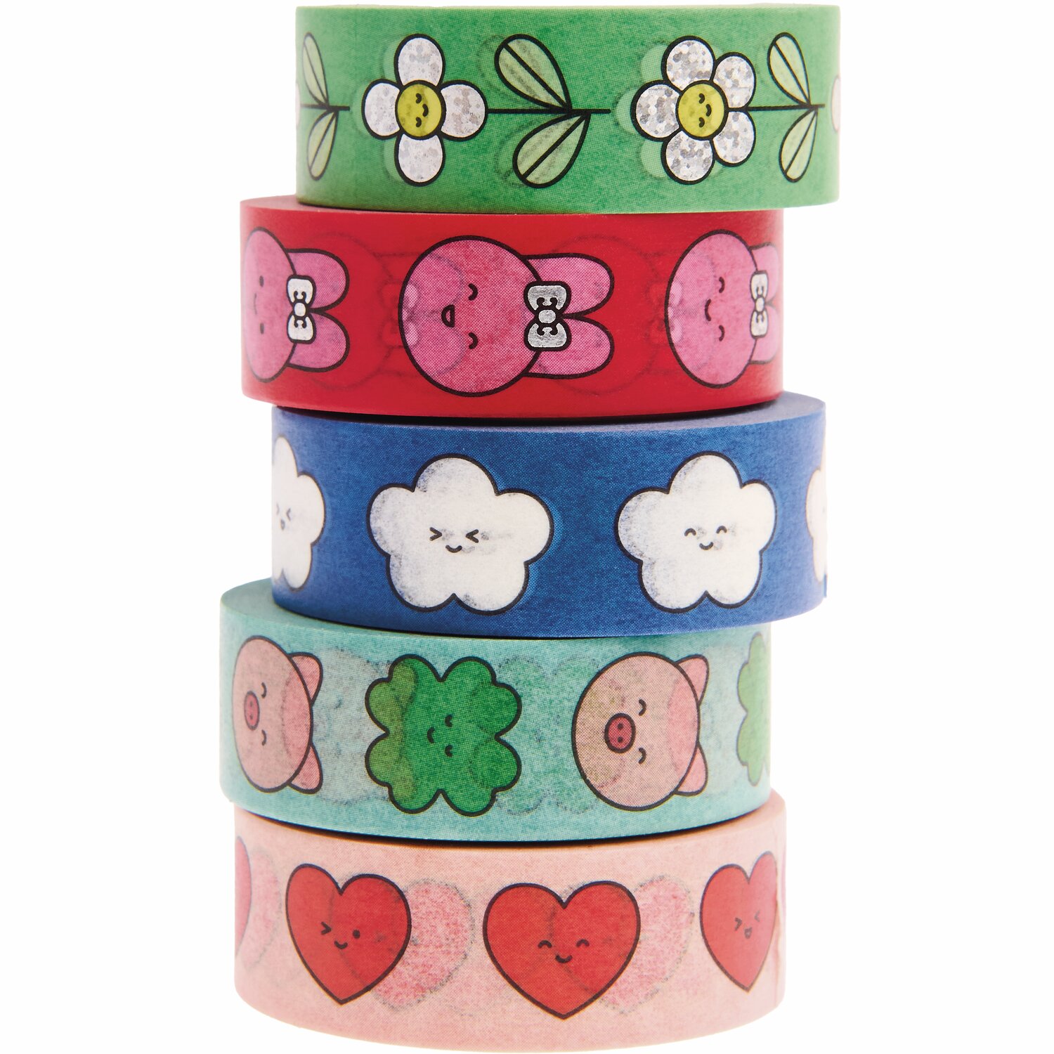 Paper Poetry Tape Set Chingu, 1,5cmx10m 5 Stück, bunte Washi-Tapes mit niedlichen Motiven wie Blumen, Herzen und Wolken. Ideal für kreative Projekte.