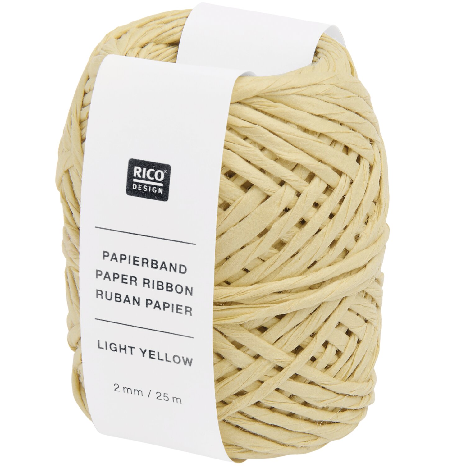 Papierband, 2mmx25m, von Rico Design als kompakte Garnrolle in zartem Gelb, ideal zum Verpacken, Basteln und Dekorieren, mit Etikett in Weiß